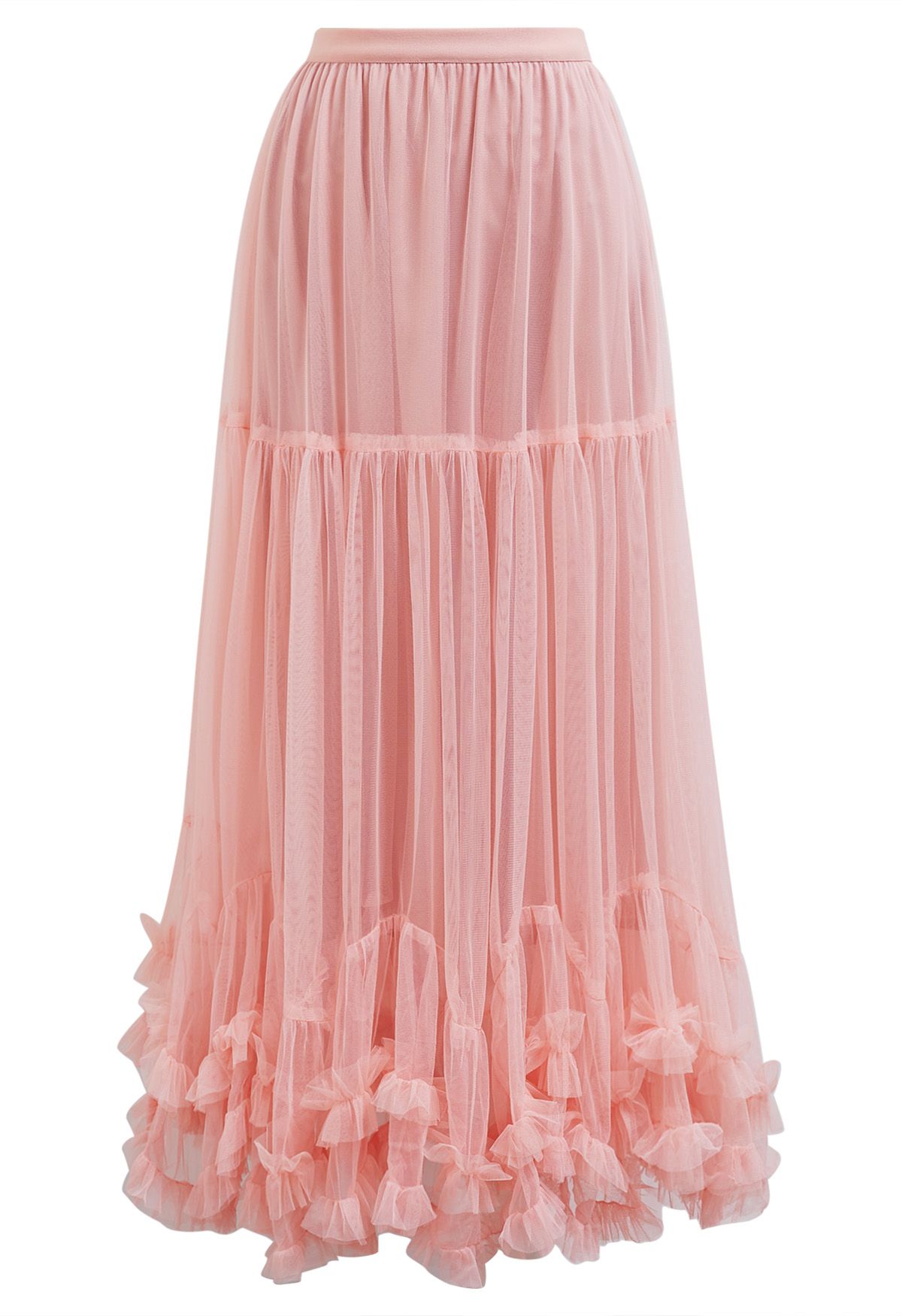 Ruffle Hem Double-Layered Mesh Maxi Skirt in Pink