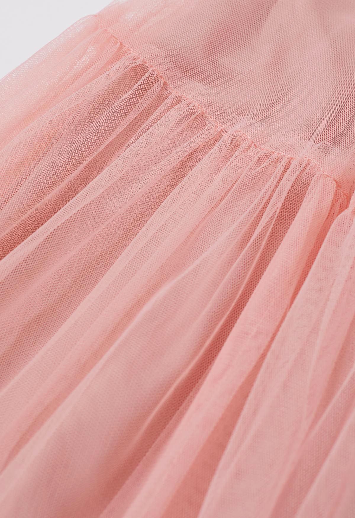 Ruffle Hem Double-Layered Mesh Maxi Skirt in Pink