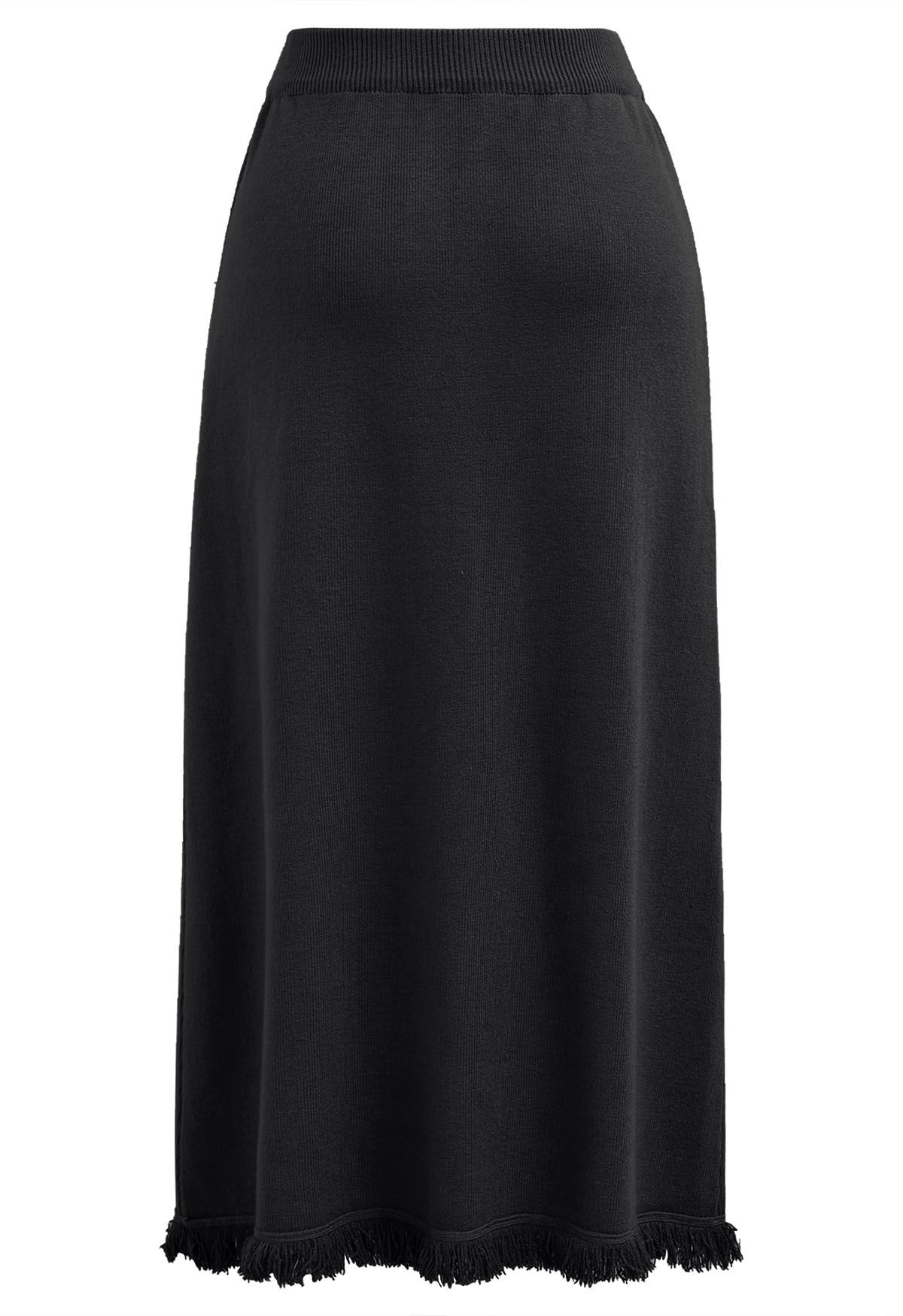 Button Trim Fringe Hem Knit Midi Skirt in Black