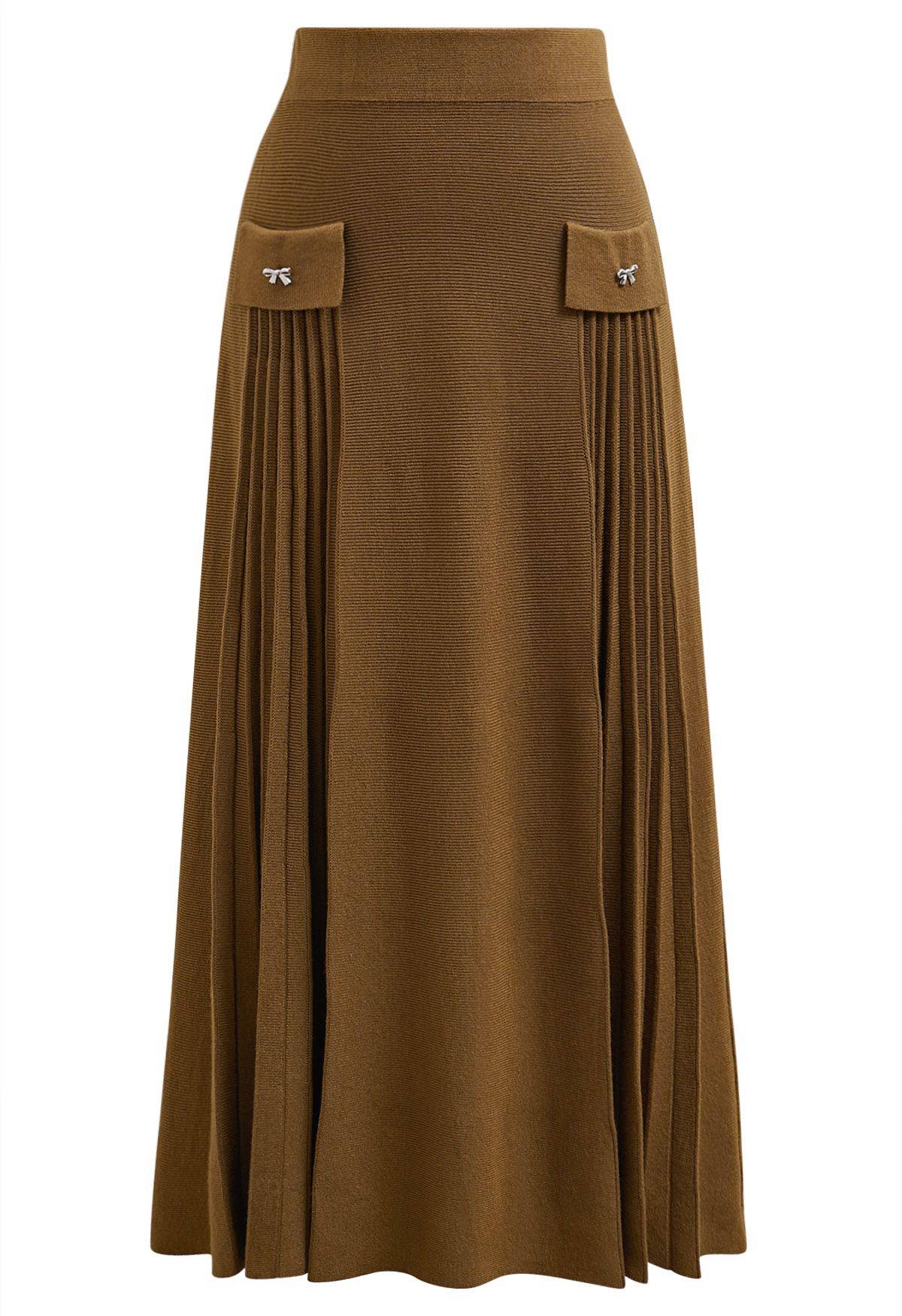 Little Bow Decorated Pleats Knit Maxi Skirt in Brown