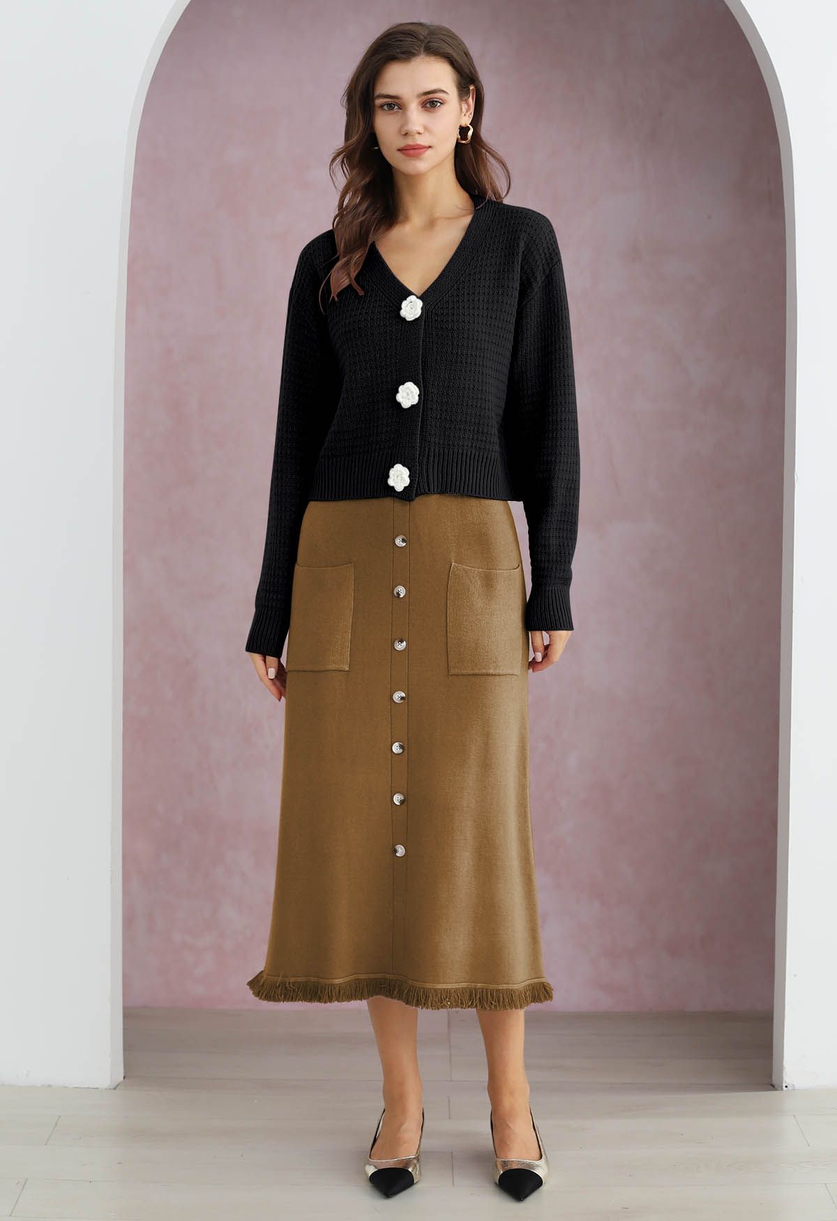 Button Trim Fringe Hem Knit Midi Skirt in Brown