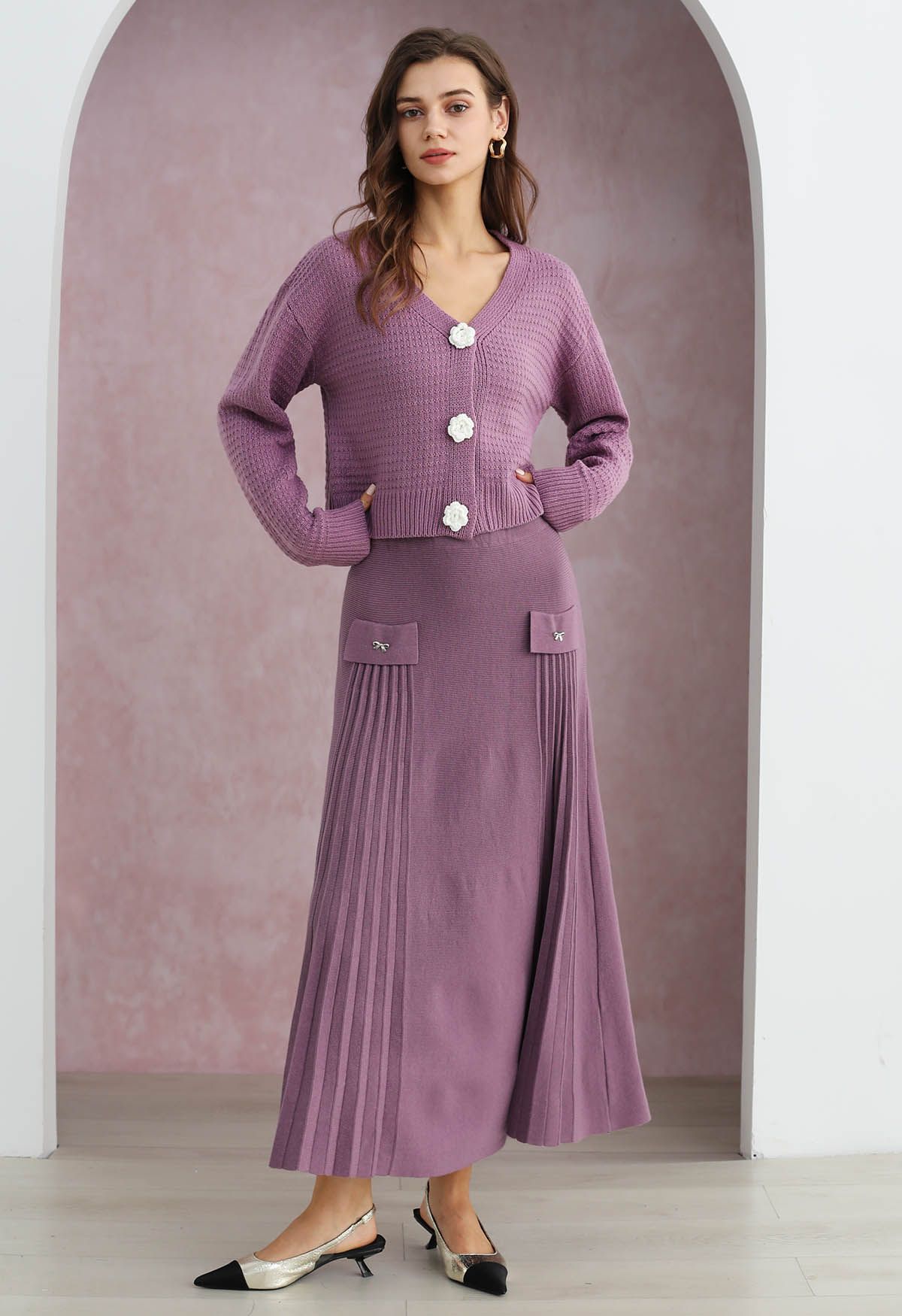 Little Bow Decorated Pleats Knit Maxi Skirt in Lilac