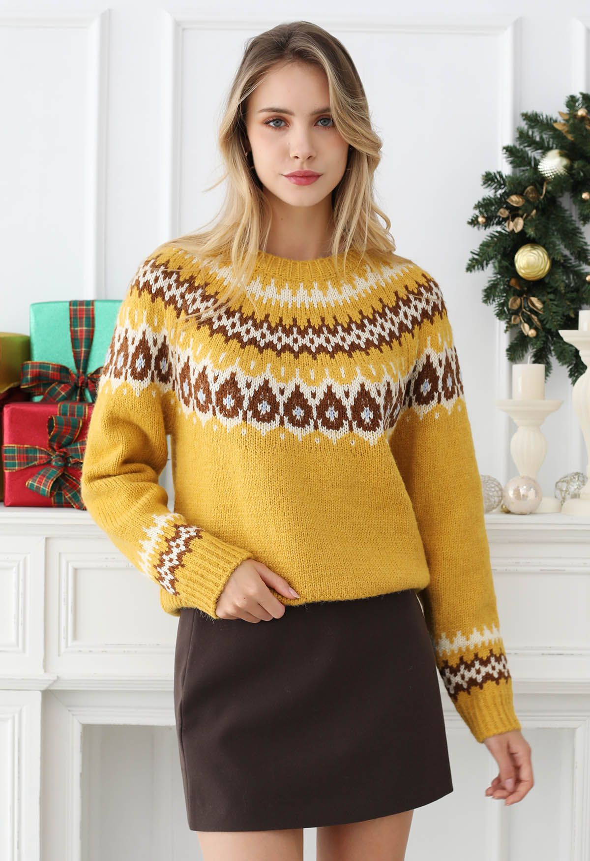 Playful Waterdrop Fair Isle Knit Sweater in Yellow