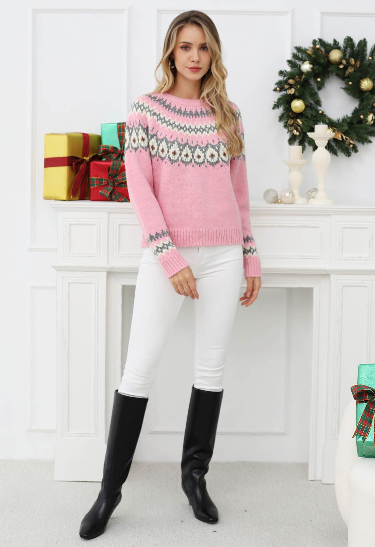 Playful Waterdrop Fair Isle Knit Sweater in Pink