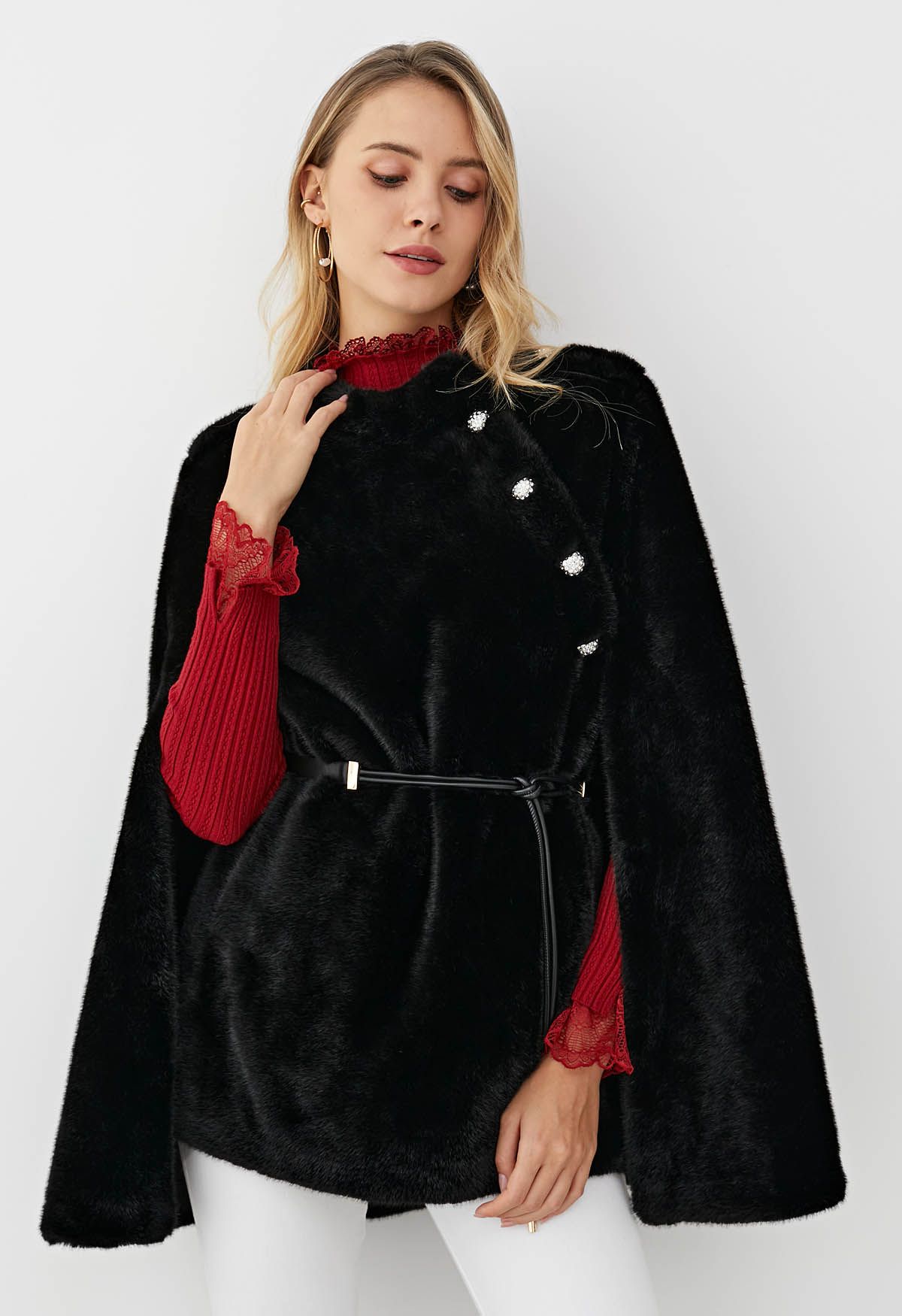 Rhinestone Button Wrap Faux Fur Cape Coat in Black