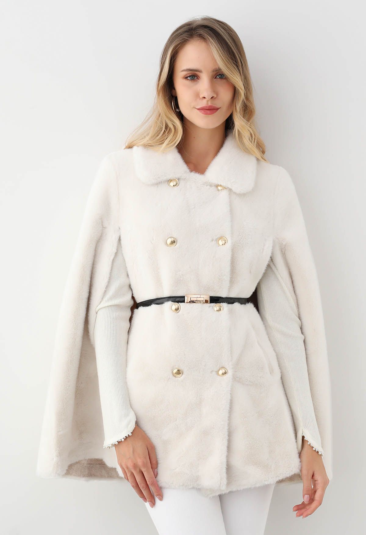 Collared Double-Breasted Faux Fur Cape Coat in Ivory