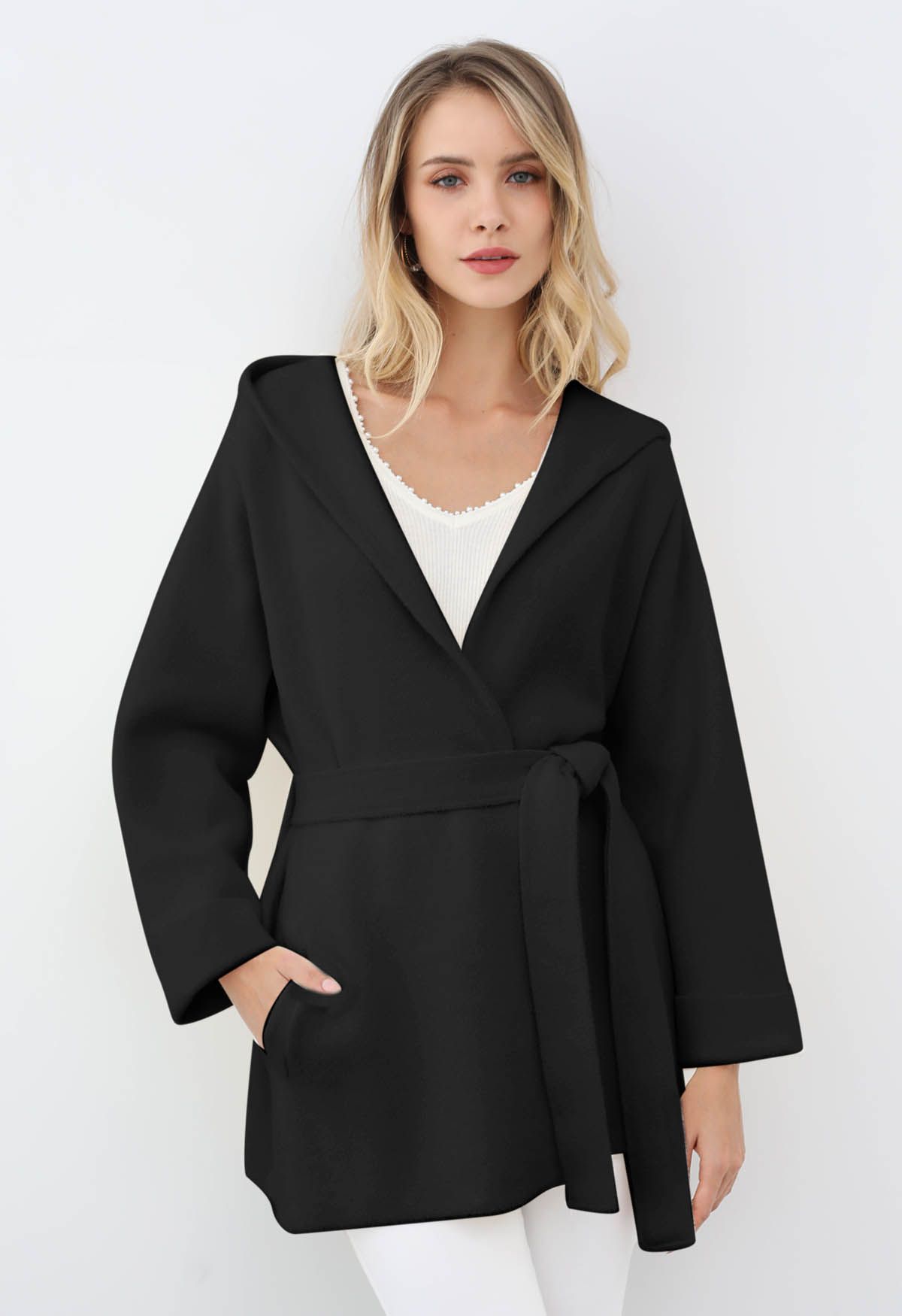 Tender Touch Belted Hooded Knit Coat in Black