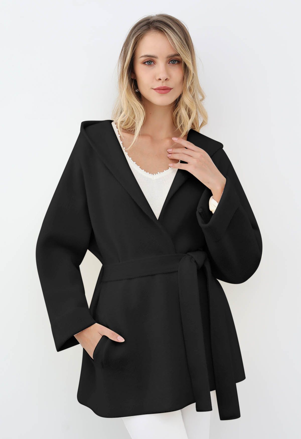 Tender Touch Belted Hooded Knit Coat in Black