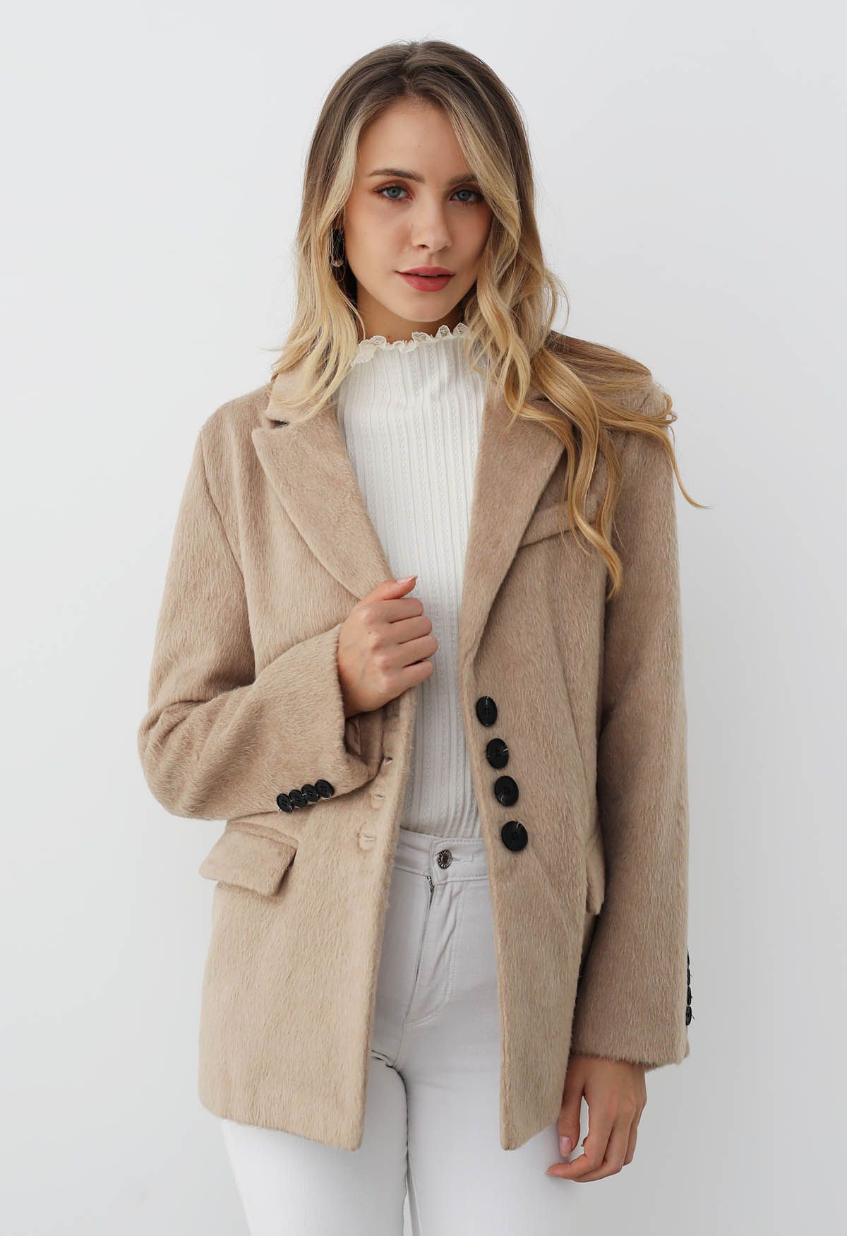 Peak Lapel Buttoned Faux Fur Blazer Coat in Light Tan