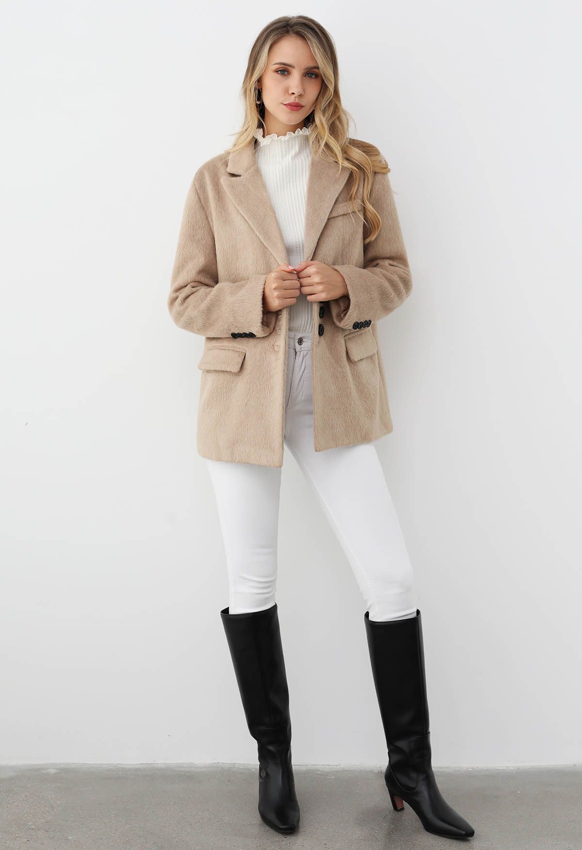 Peak Lapel Buttoned Faux Fur Blazer Coat in Light Tan