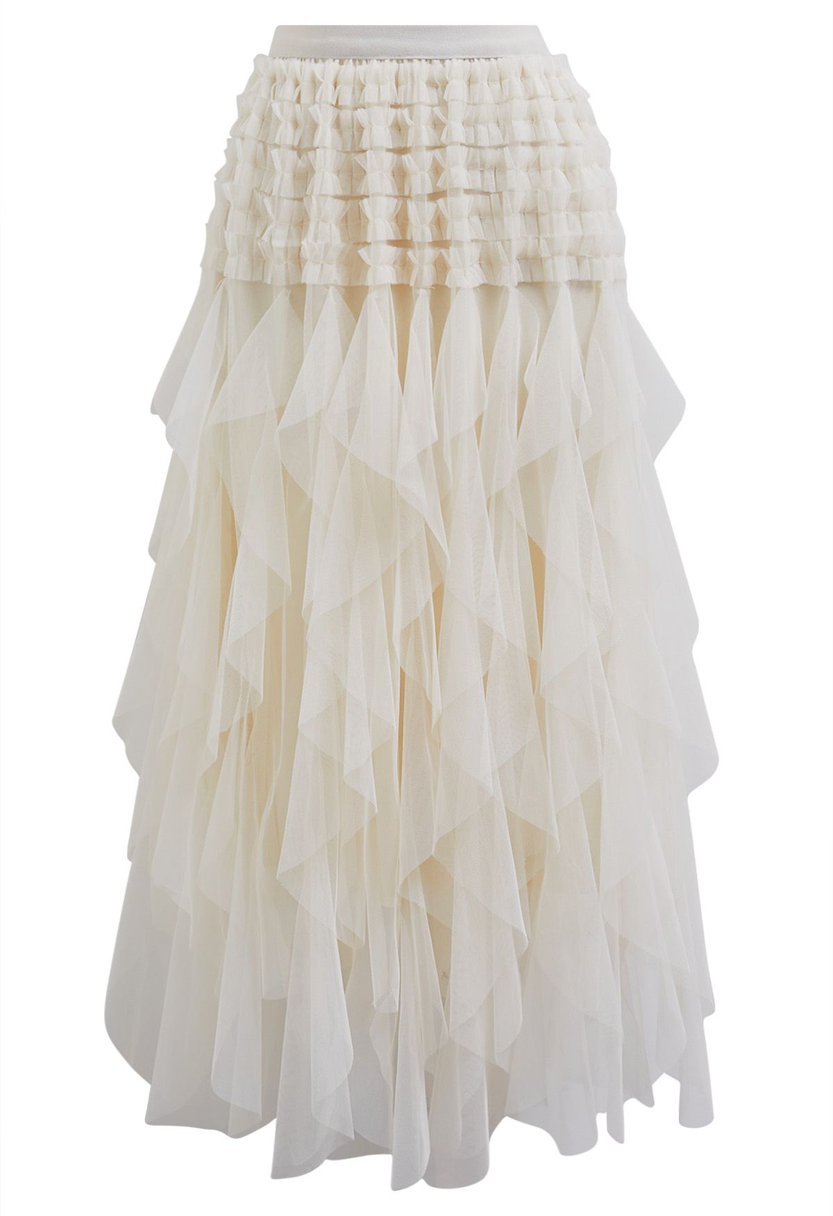 Ruffle Panelled Mesh Tulle Midi Skirt in Ivory