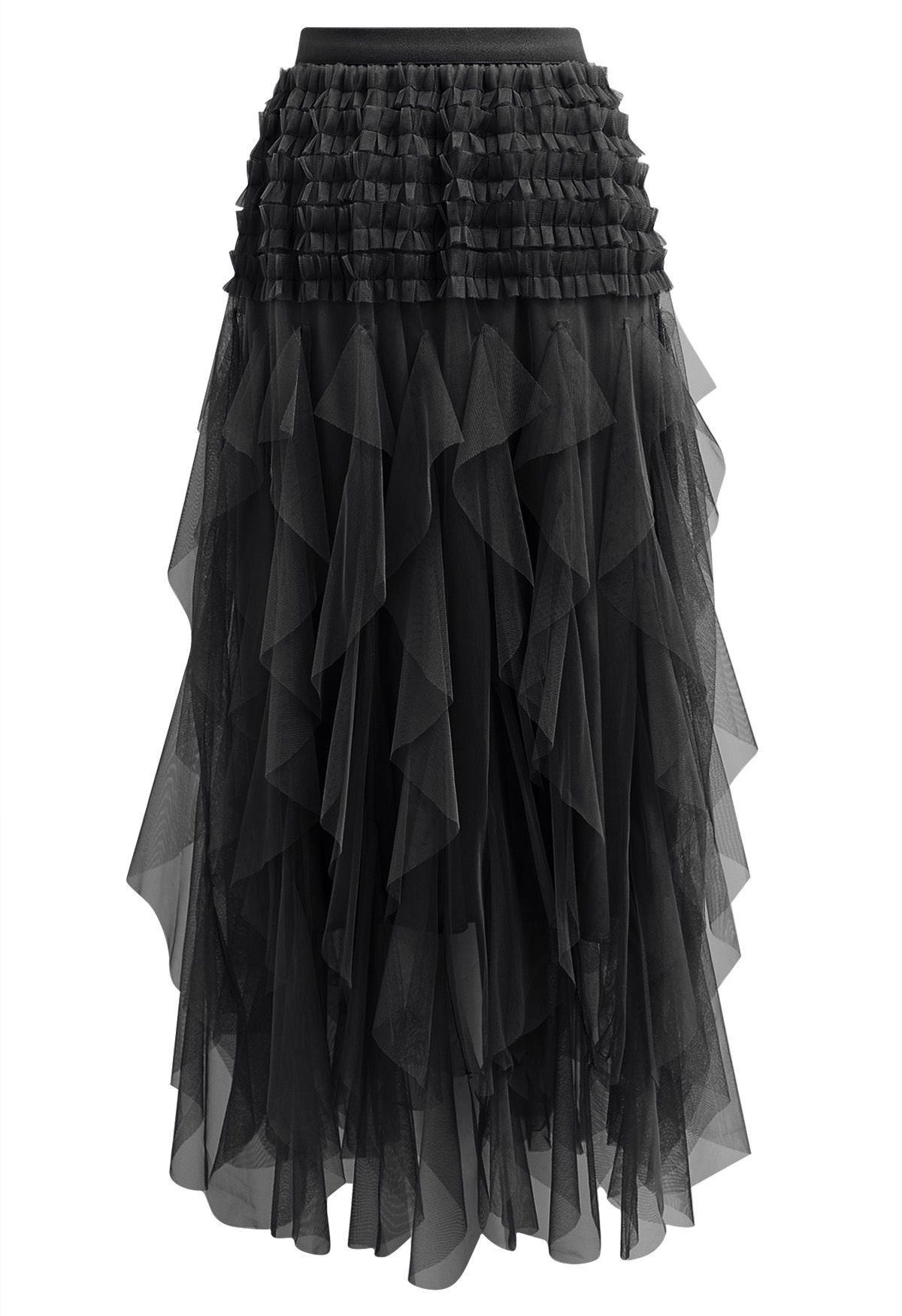 Ruffle Panelled Mesh Tulle Midi Skirt in Black