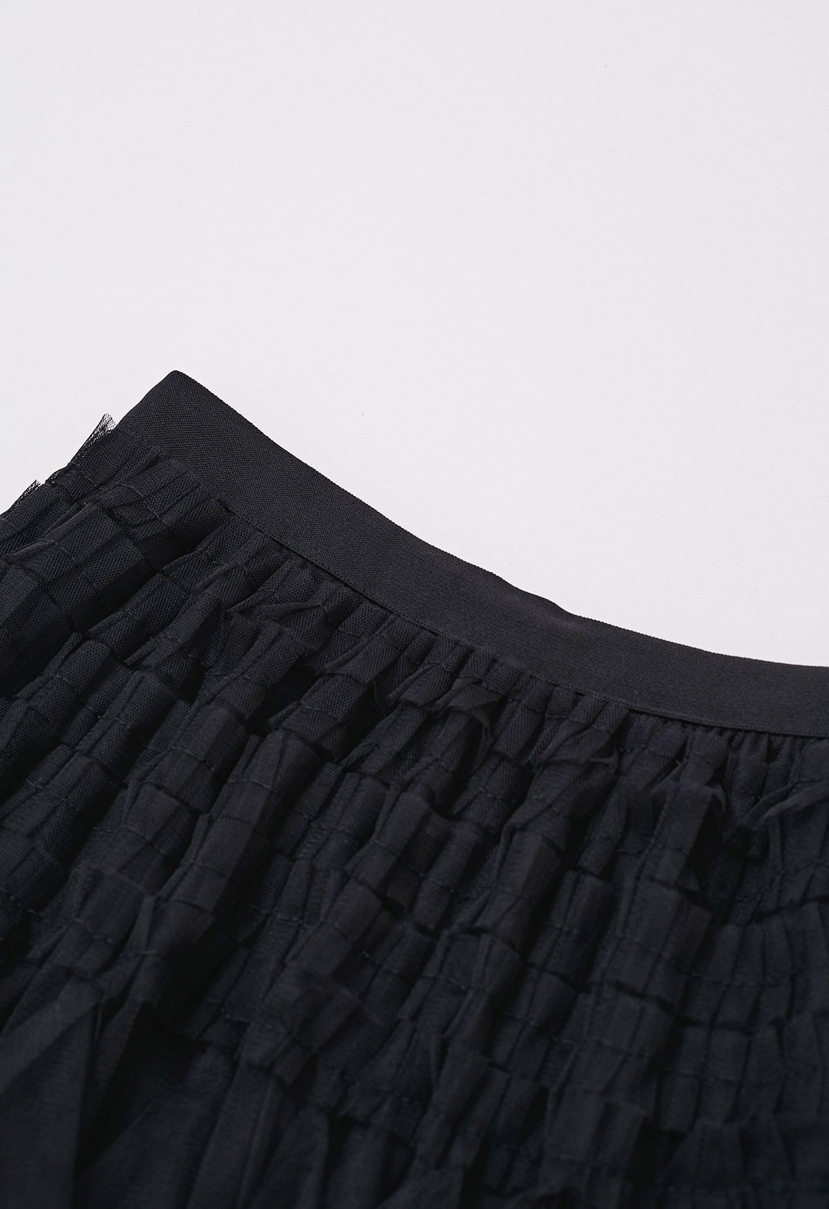 Ruffle Panelled Mesh Tulle Midi Skirt in Black