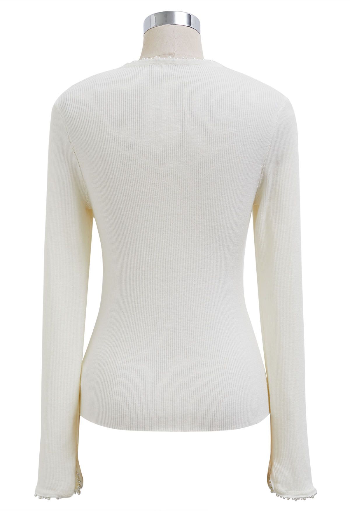 Pearl Decorated Ribbed Knit Top in Ivory