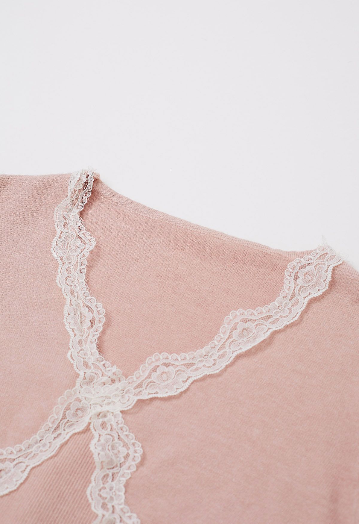 Lace Trim V-Neck Knit Top in Pink