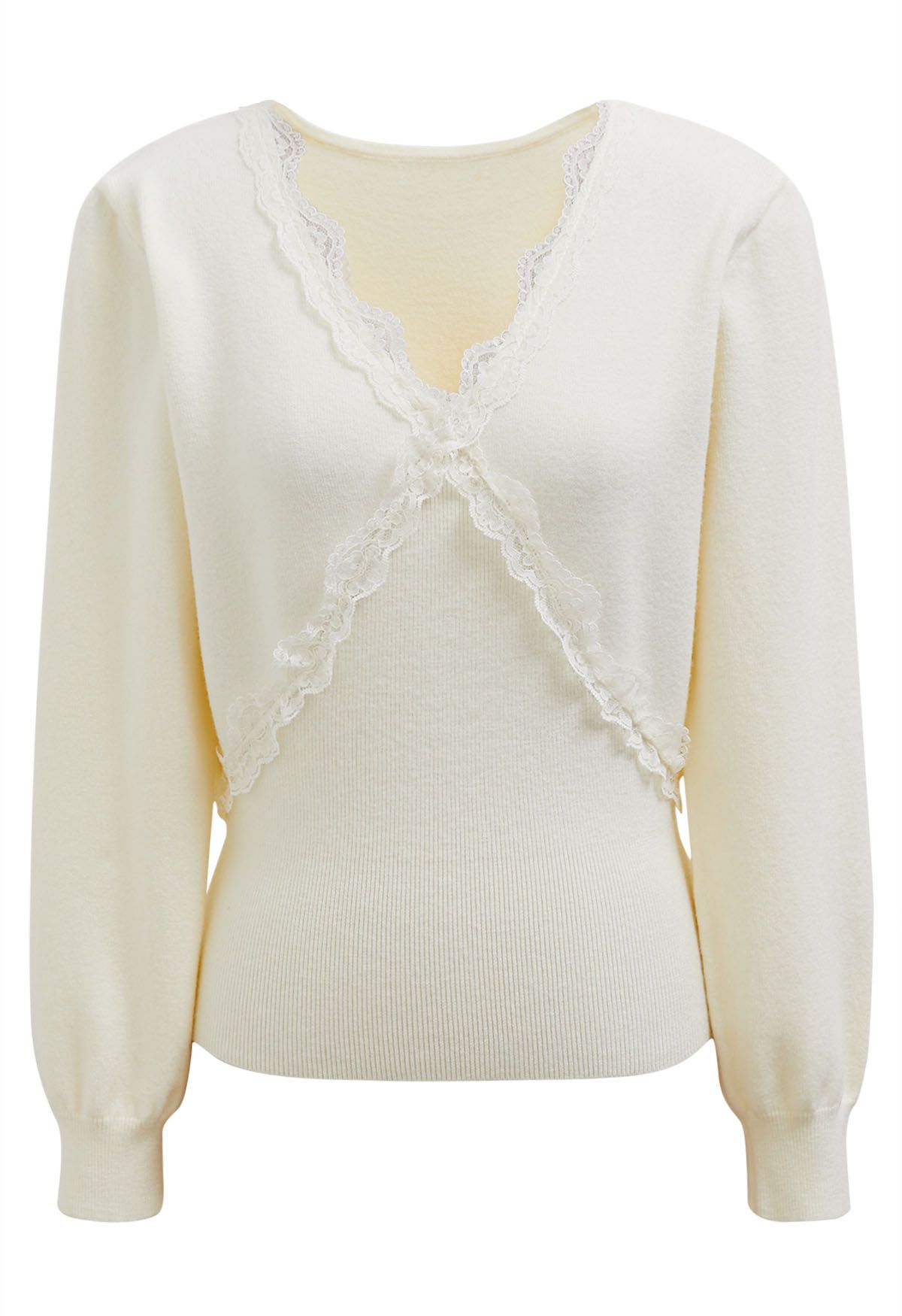 Lace Trim V-Neck Knit Top in Cream