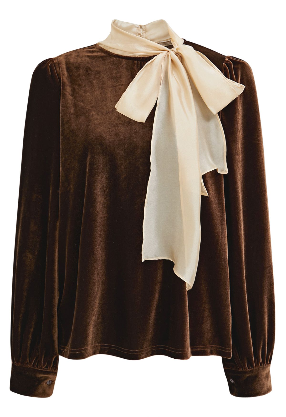 Organza Self-Tie Bowknot Velvet Top in Brown