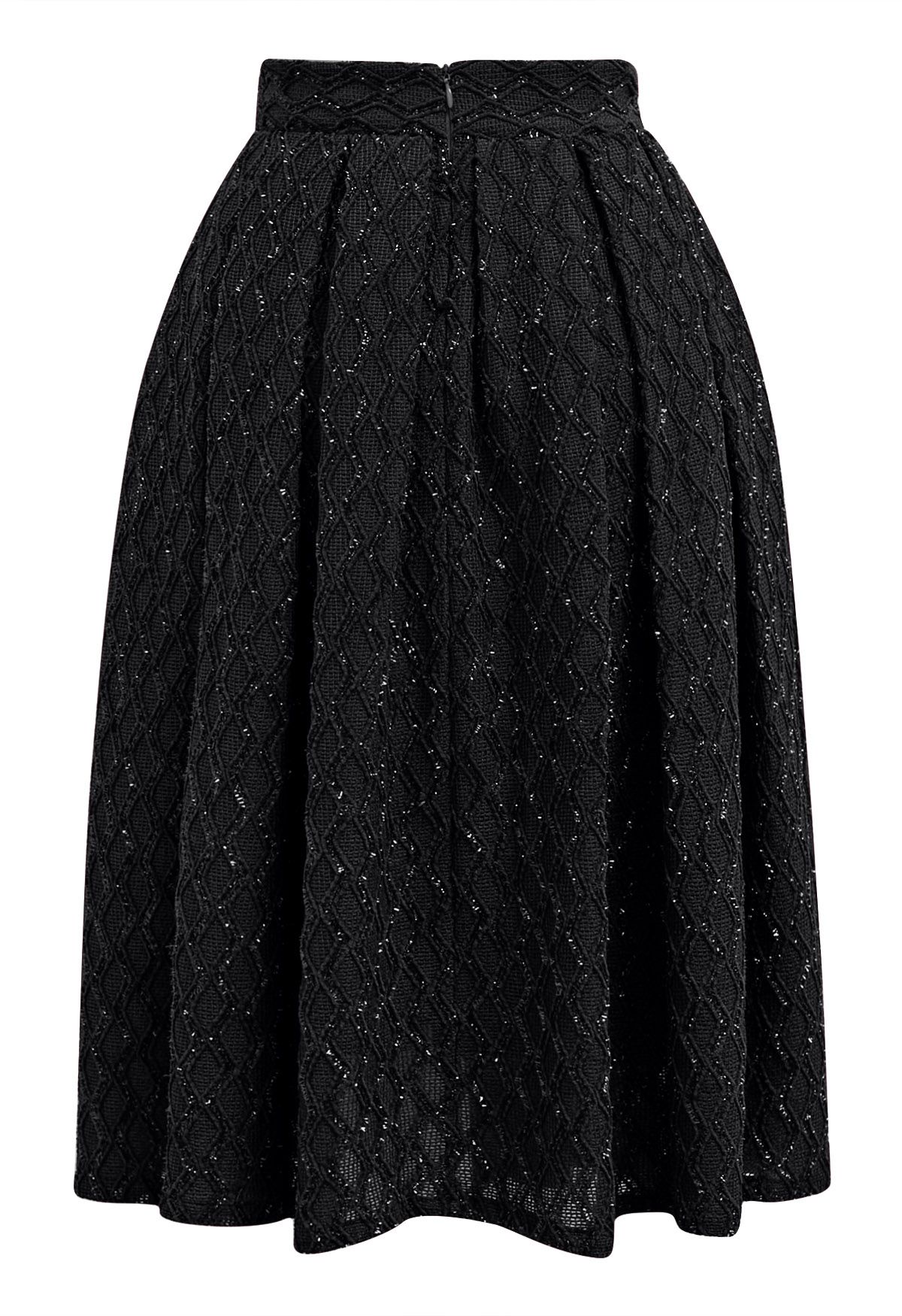 Fringed Zigzag Box Pleat Midi Skirt in Black