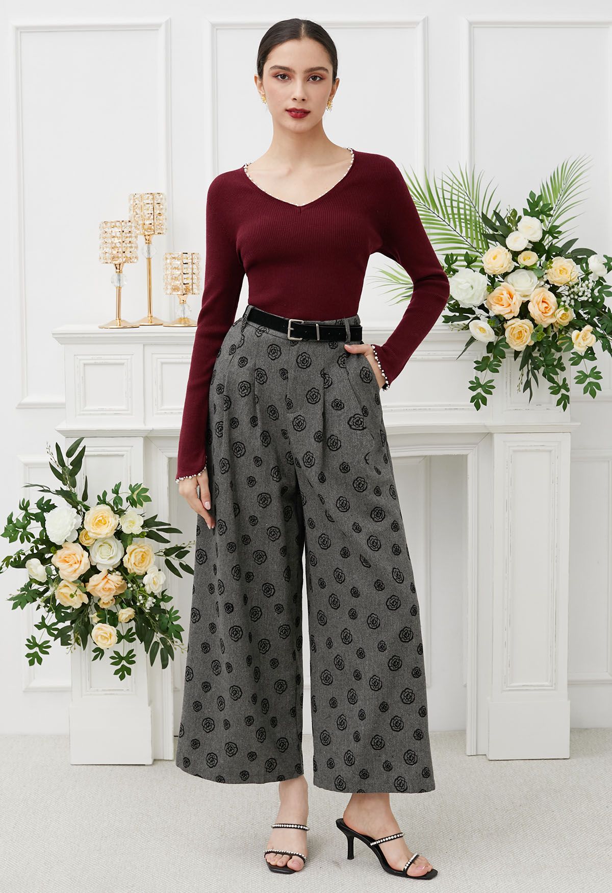 Velvet Rose Printed Herringbone Palazzo Pants with Belt in Smoke