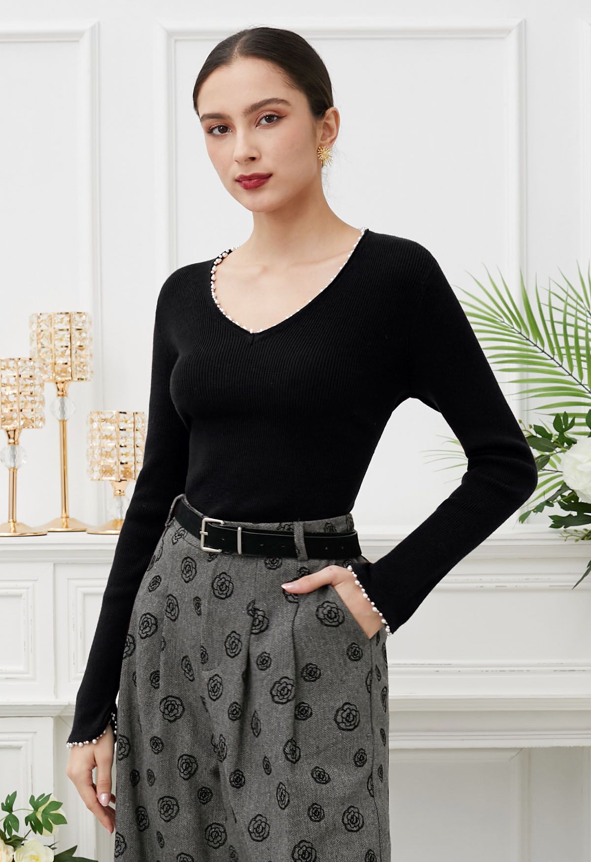 Pearl Decorated Ribbed Knit Top in Black