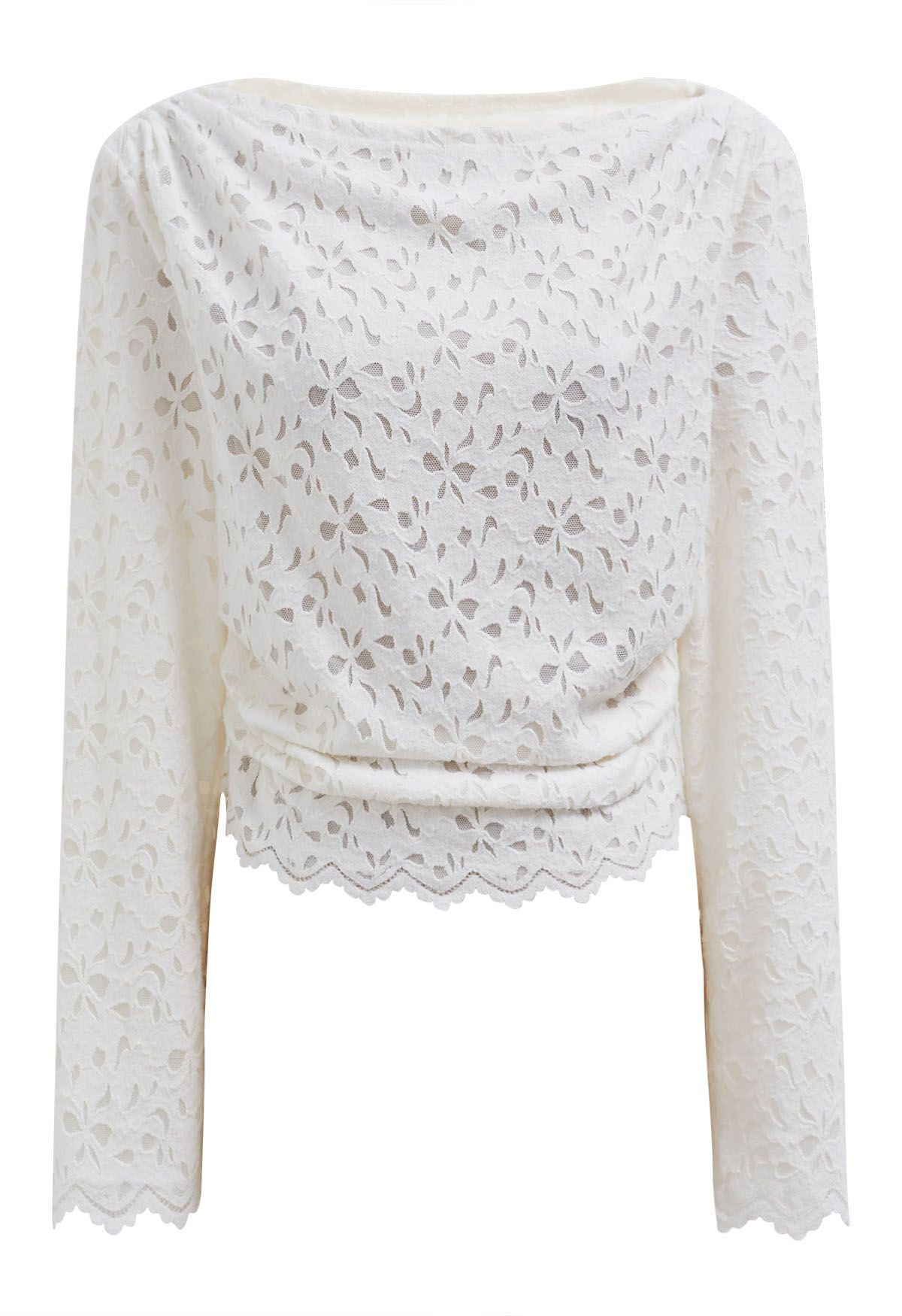 Floral Cutwork Boat Neck Mesh Top in White