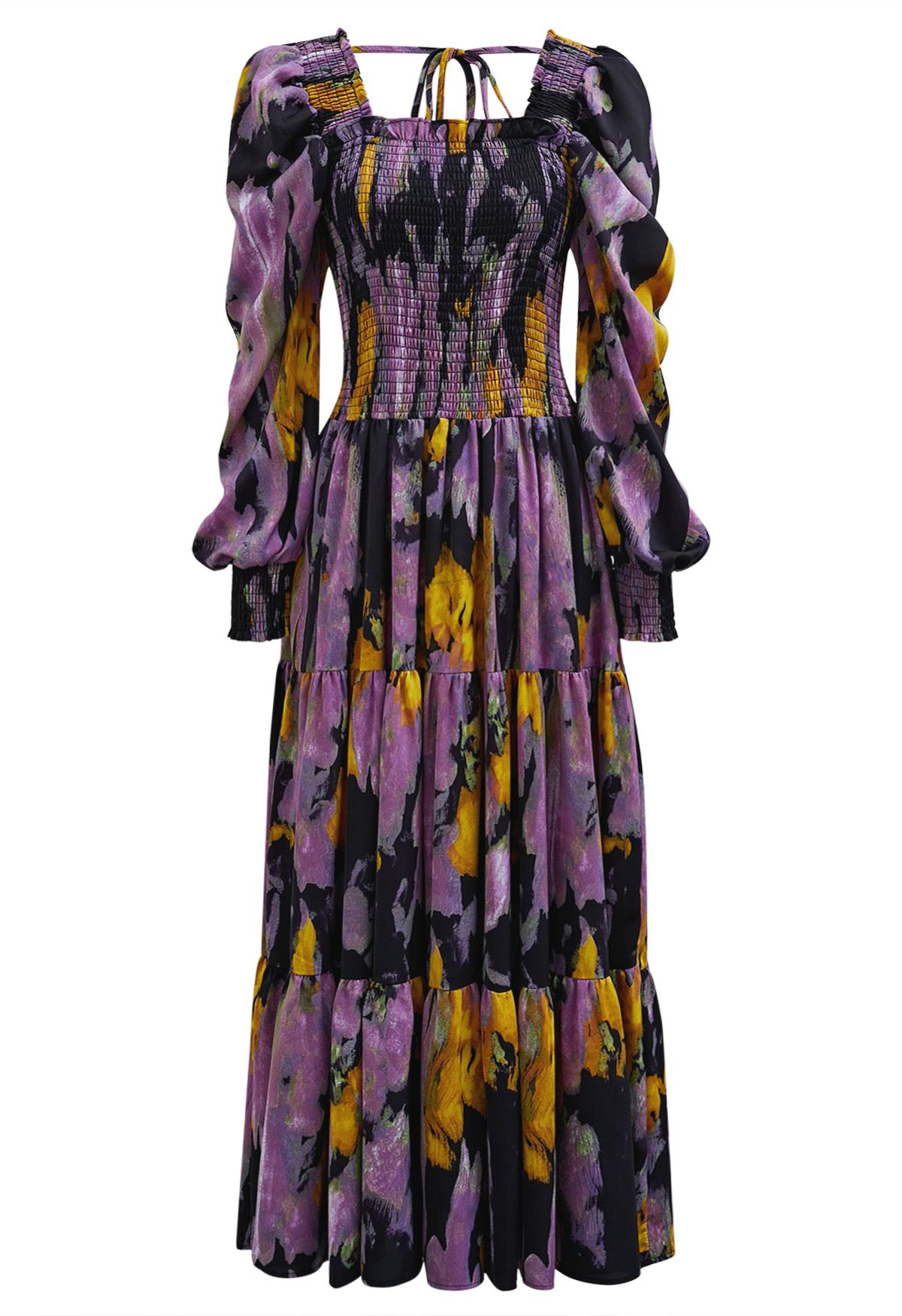 Painting Floral Puff Sleeves Shirred Maxi Dress