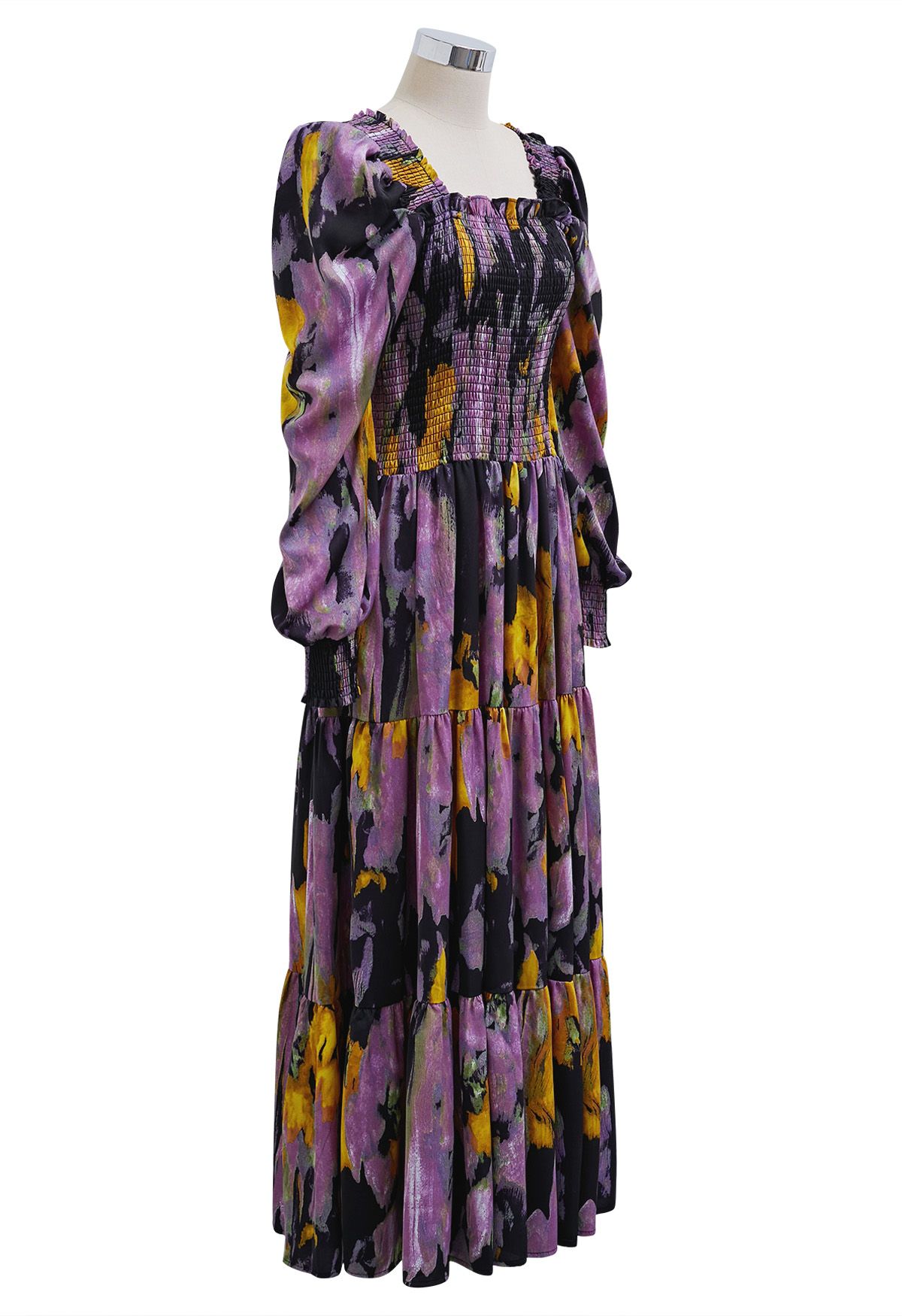 Painting Floral Puff Sleeves Shirred Maxi Dress