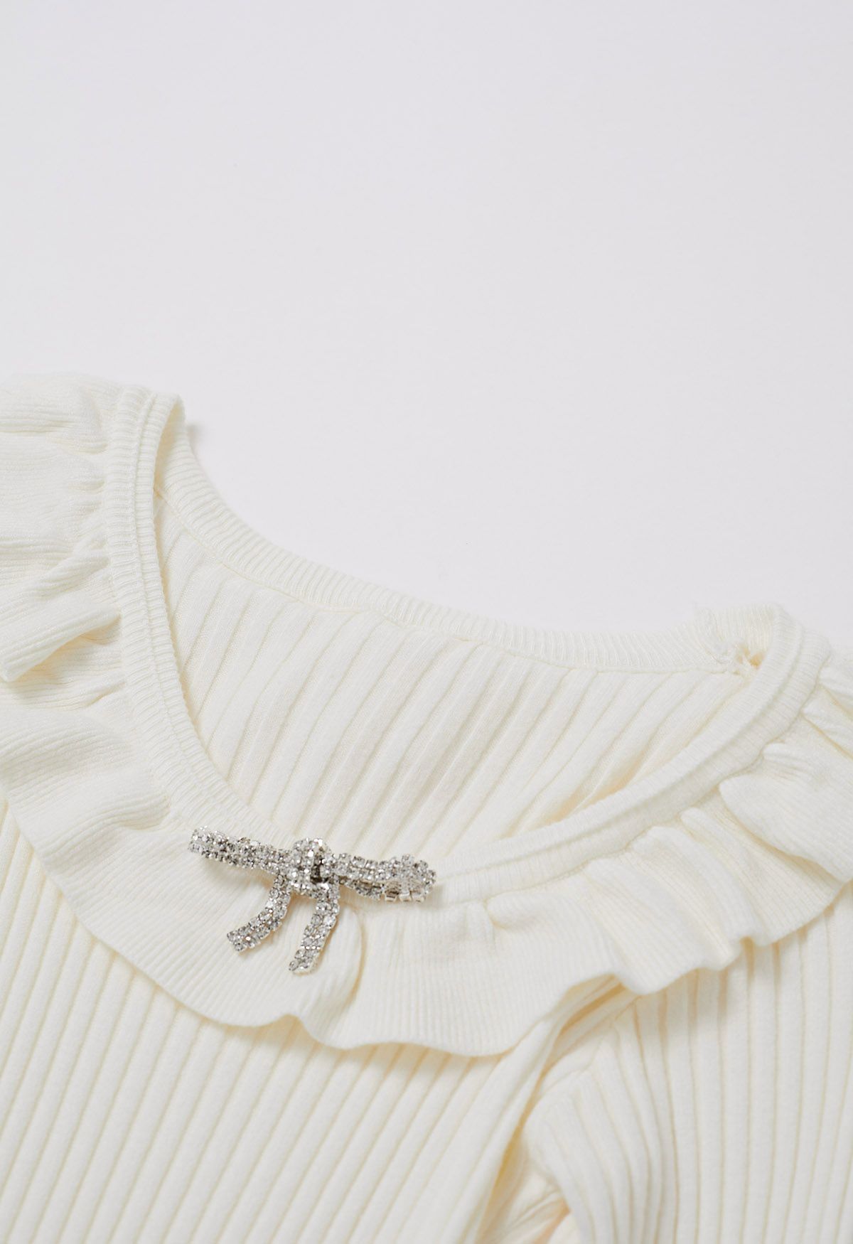 Ruffle Charm Tie Sash Ribbed Knit Dress in White