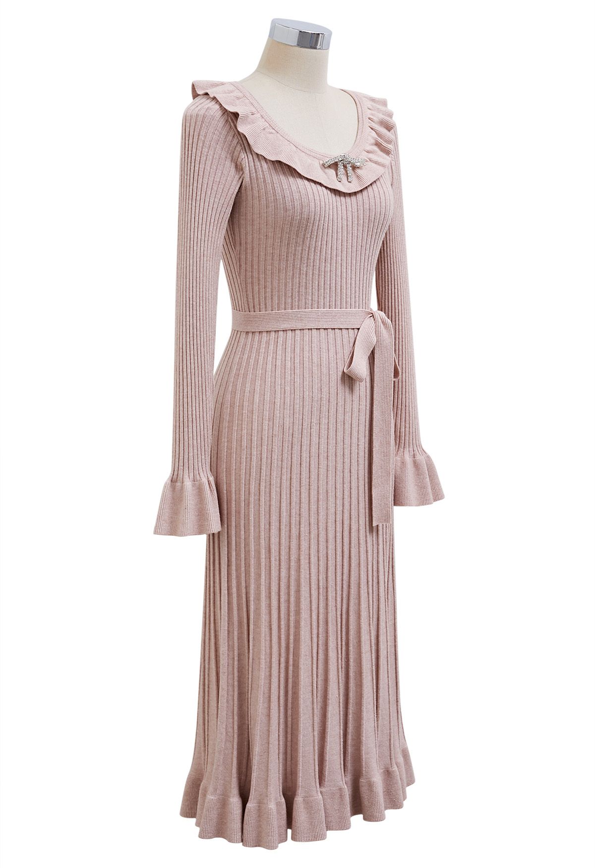 Ruffle Charm Tie Sash Ribbed Knit Dress in Dusty Pink