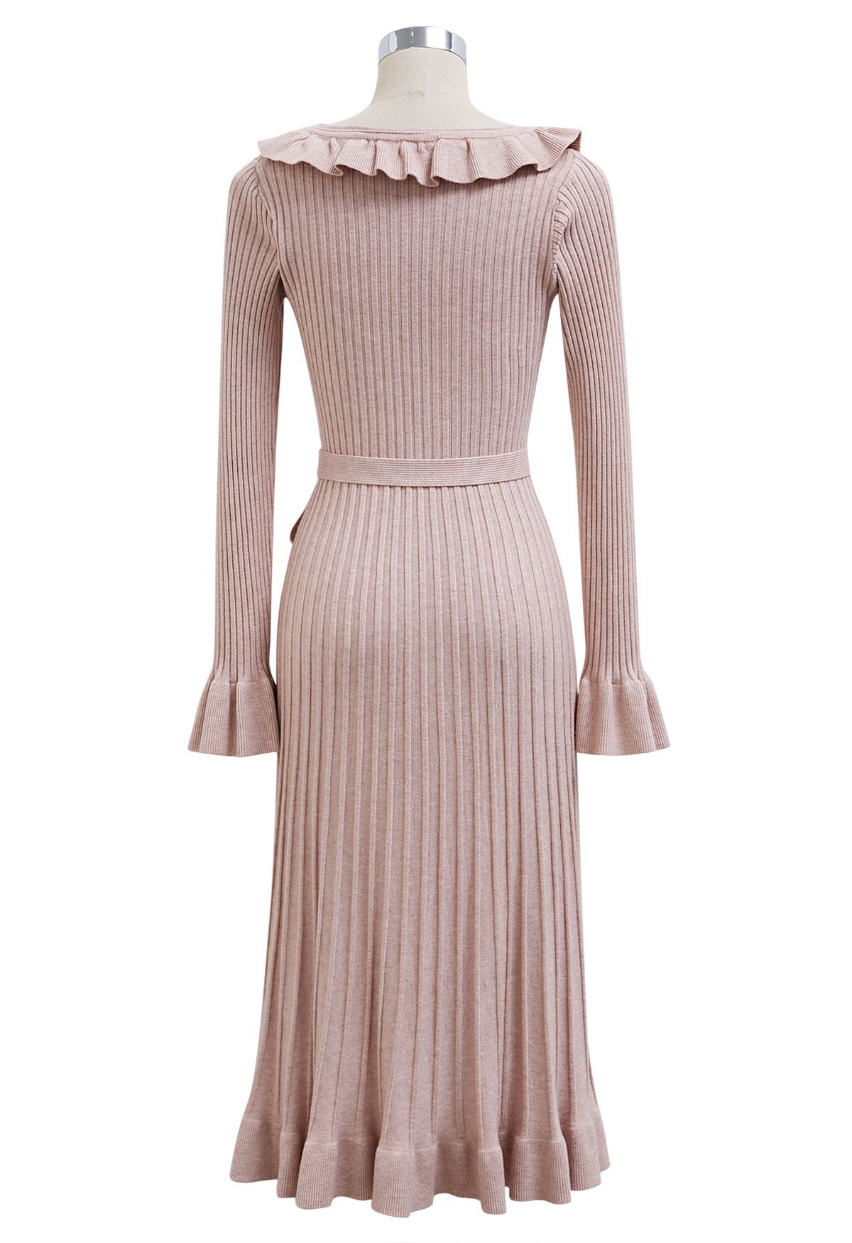 Ruffle Charm Tie Sash Ribbed Knit Dress in Dusty Pink