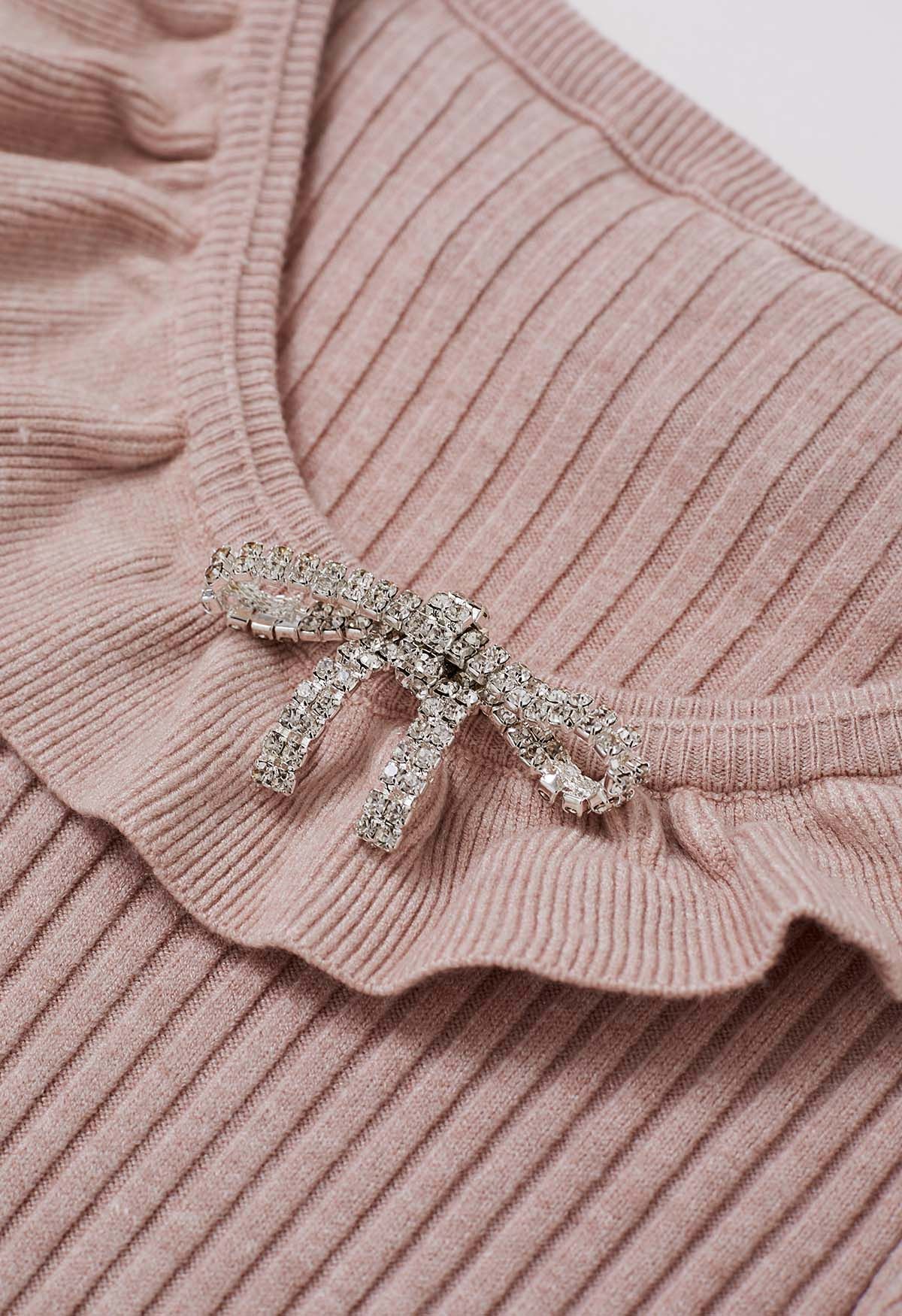 Ruffle Charm Tie Sash Ribbed Knit Dress in Dusty Pink