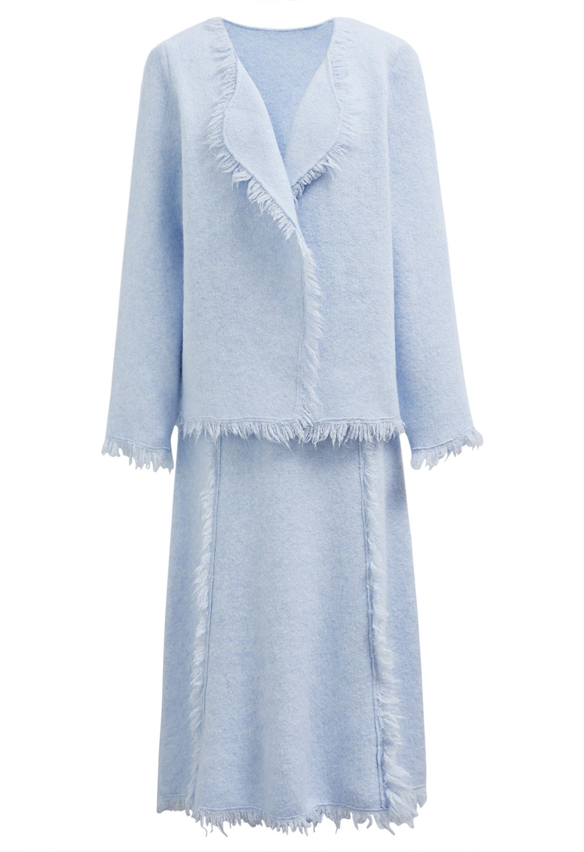 Tassel Trim Knit Cardigan and Skirt Set in Baby Blue