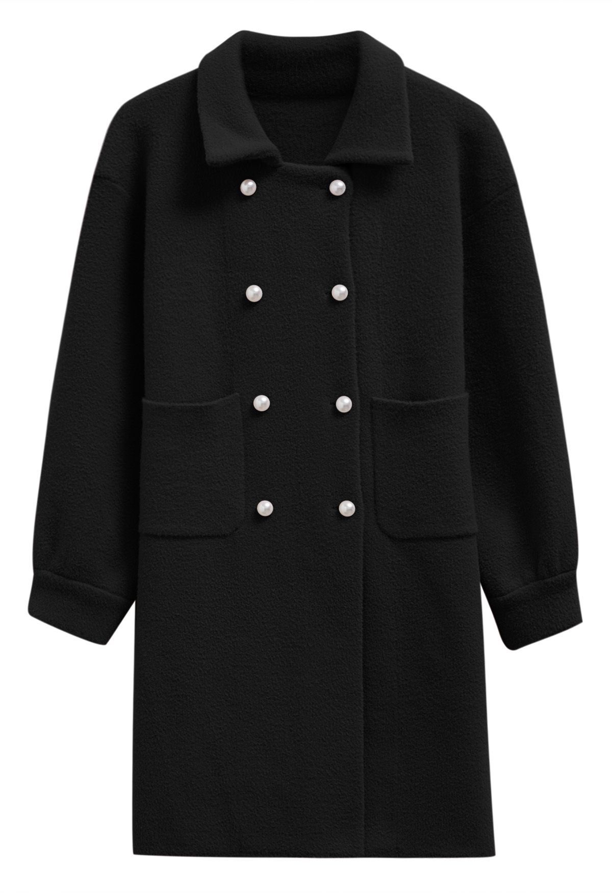 Pearl Double-Breasted Knit Coat in Black