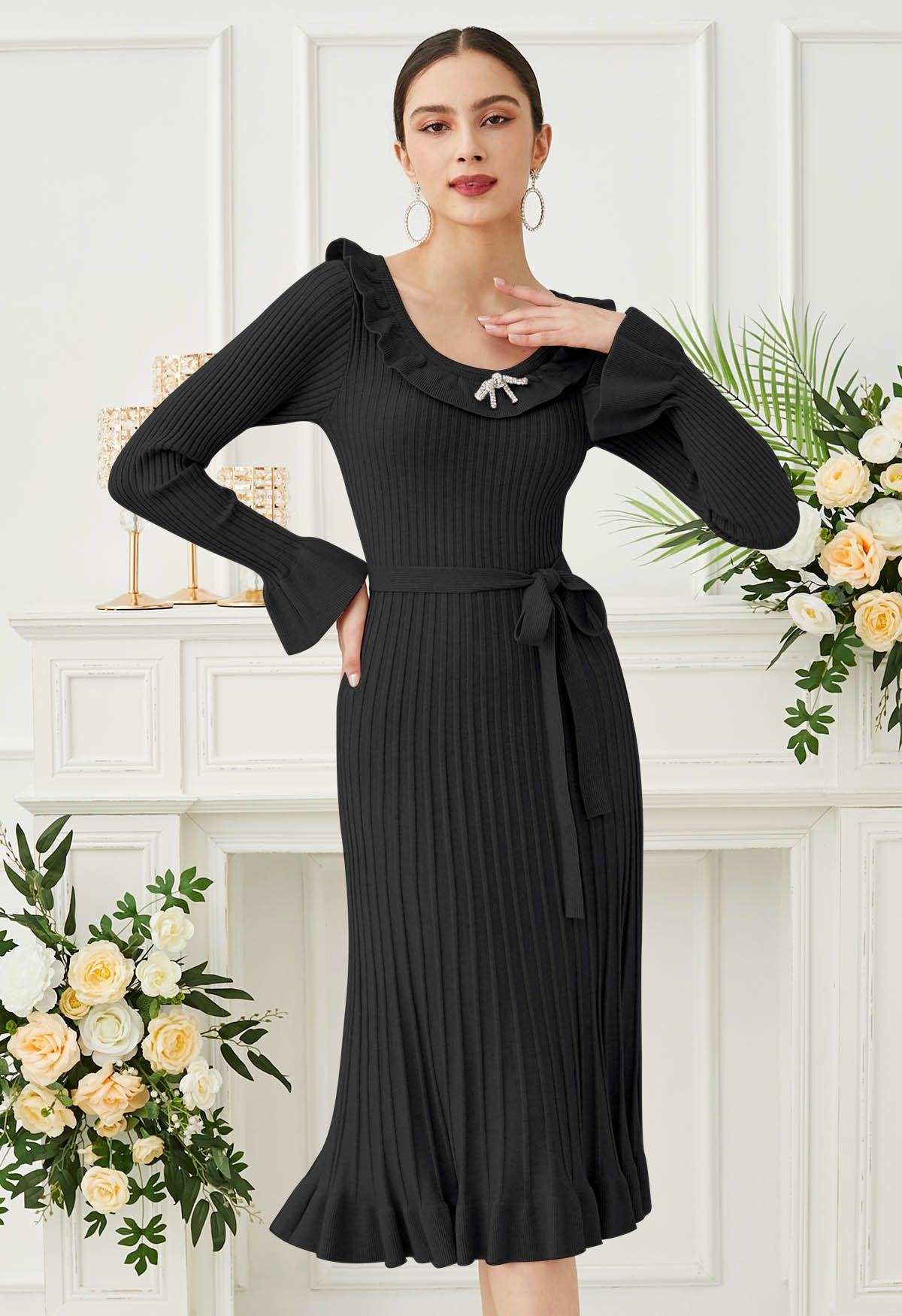 Ruffle Charm Tie Sash Ribbed Knit Dress in Black