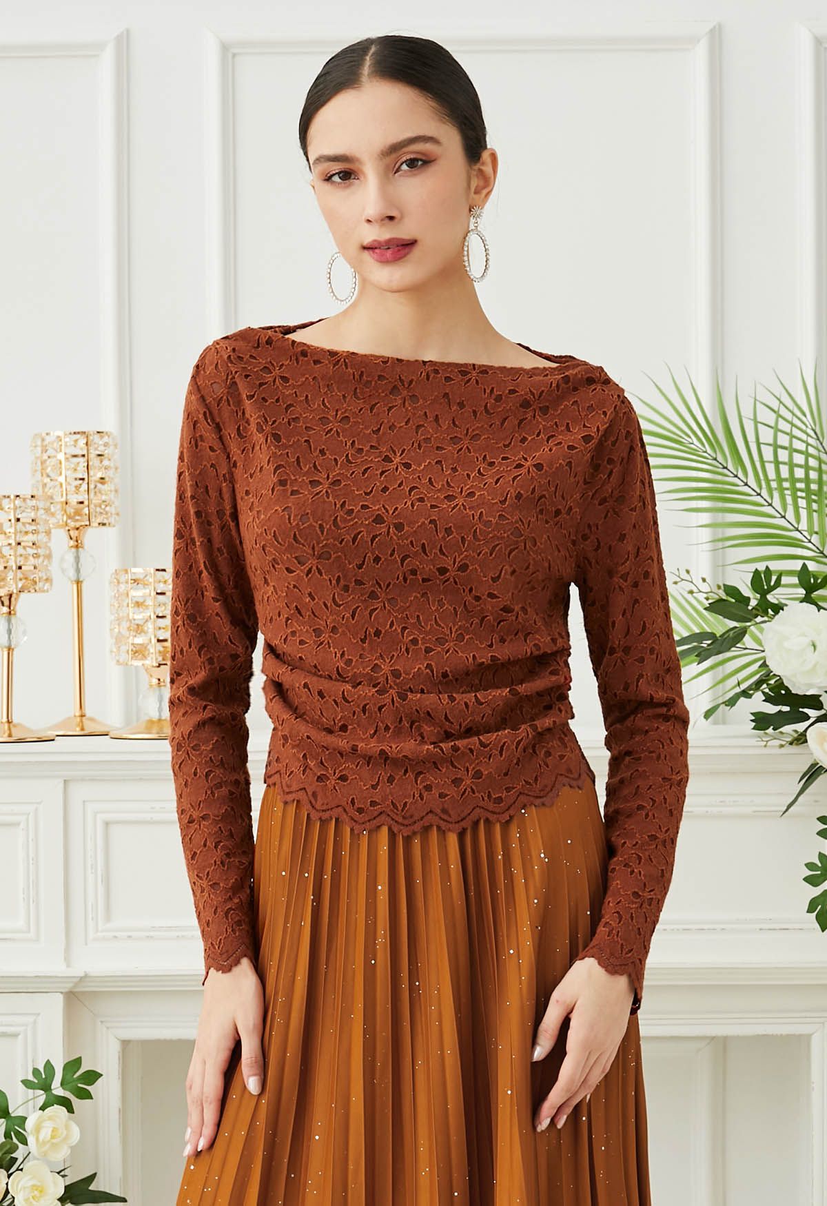 Floral Cutwork Boat Neck Mesh Top in Orange