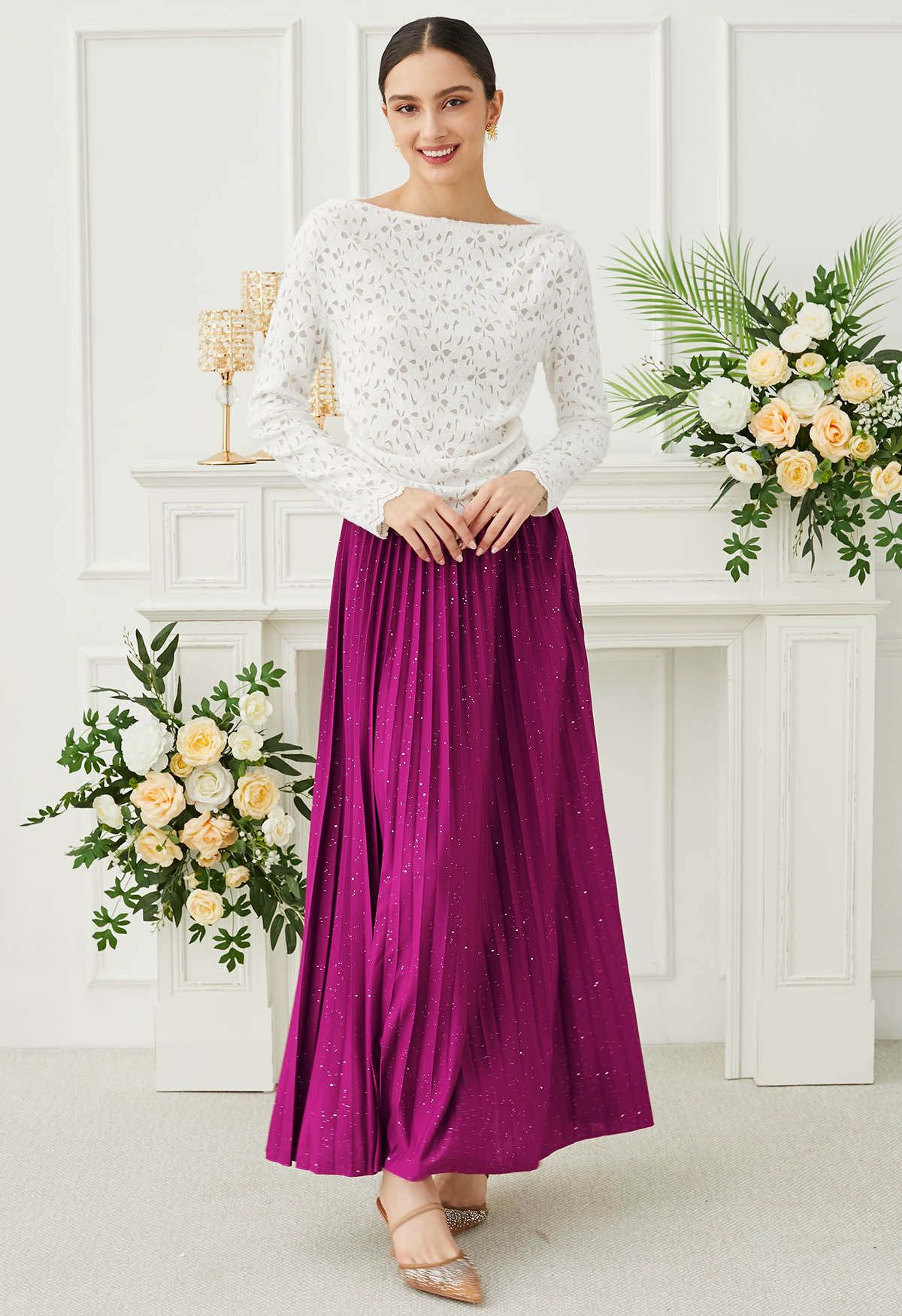 Twinkling Night Pleated Maxi Skirt in Magenta