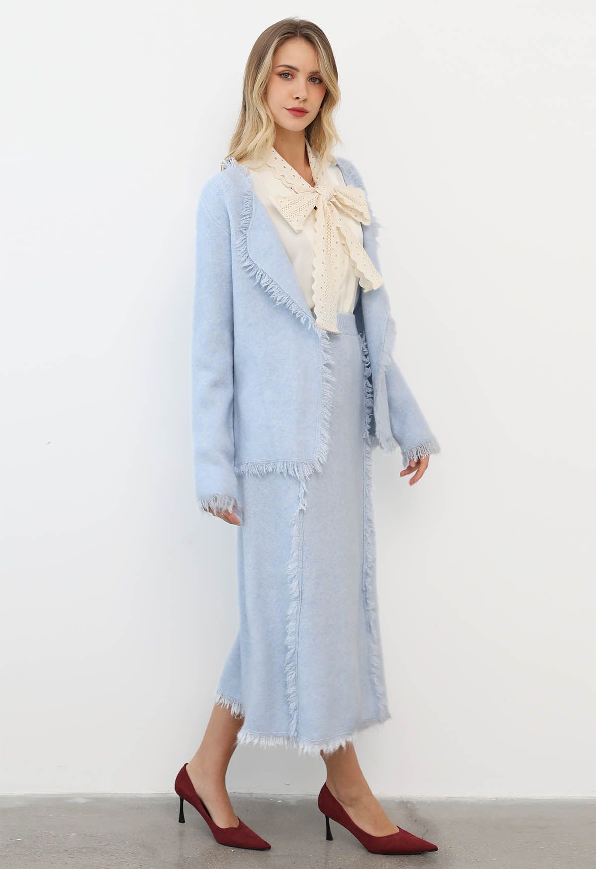 Tassel Trim Knit Cardigan and Skirt Set in Baby Blue