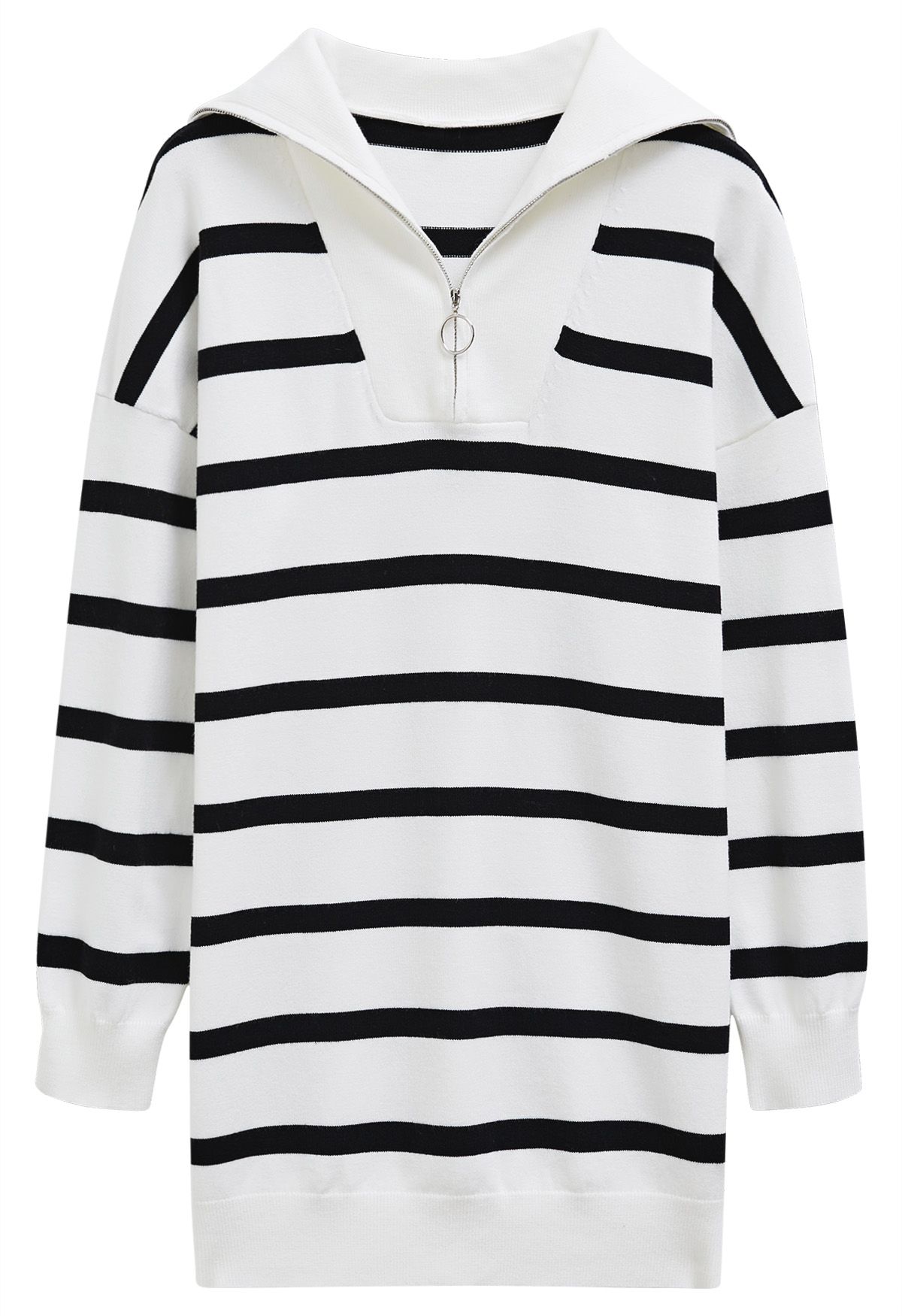 Broad-Striped Zipper Neck Knit Mini Dress in White