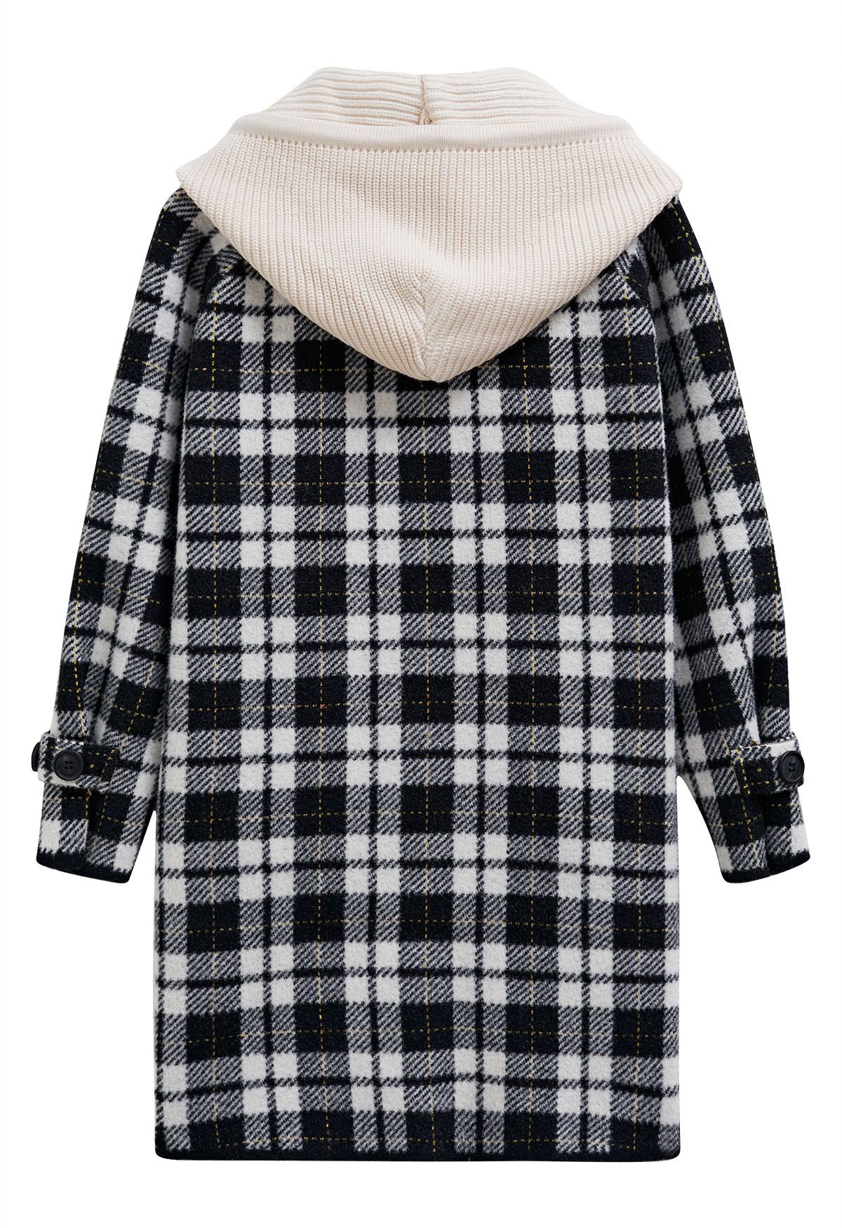 Detachable Hooded Collared Button Down Knit Coat in Plaid