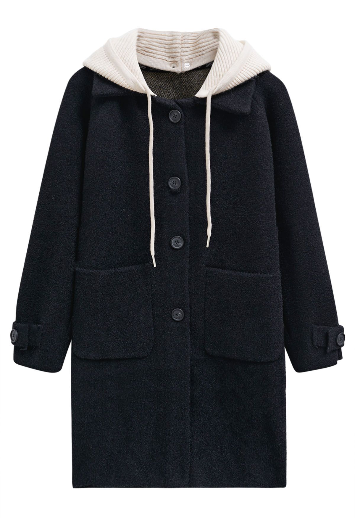 Detachable Hooded Collared Button Down Knit Coat in Black