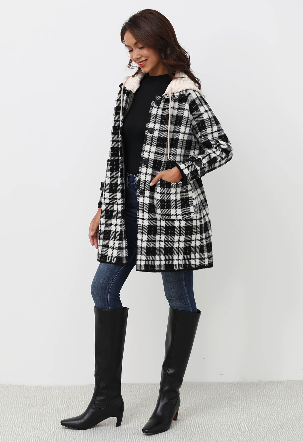 Detachable Hooded Collared Button Down Knit Coat in Plaid