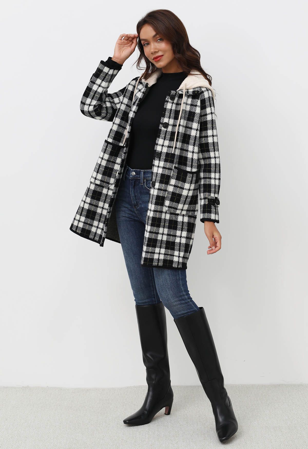 Detachable Hooded Collared Button Down Knit Coat in Plaid