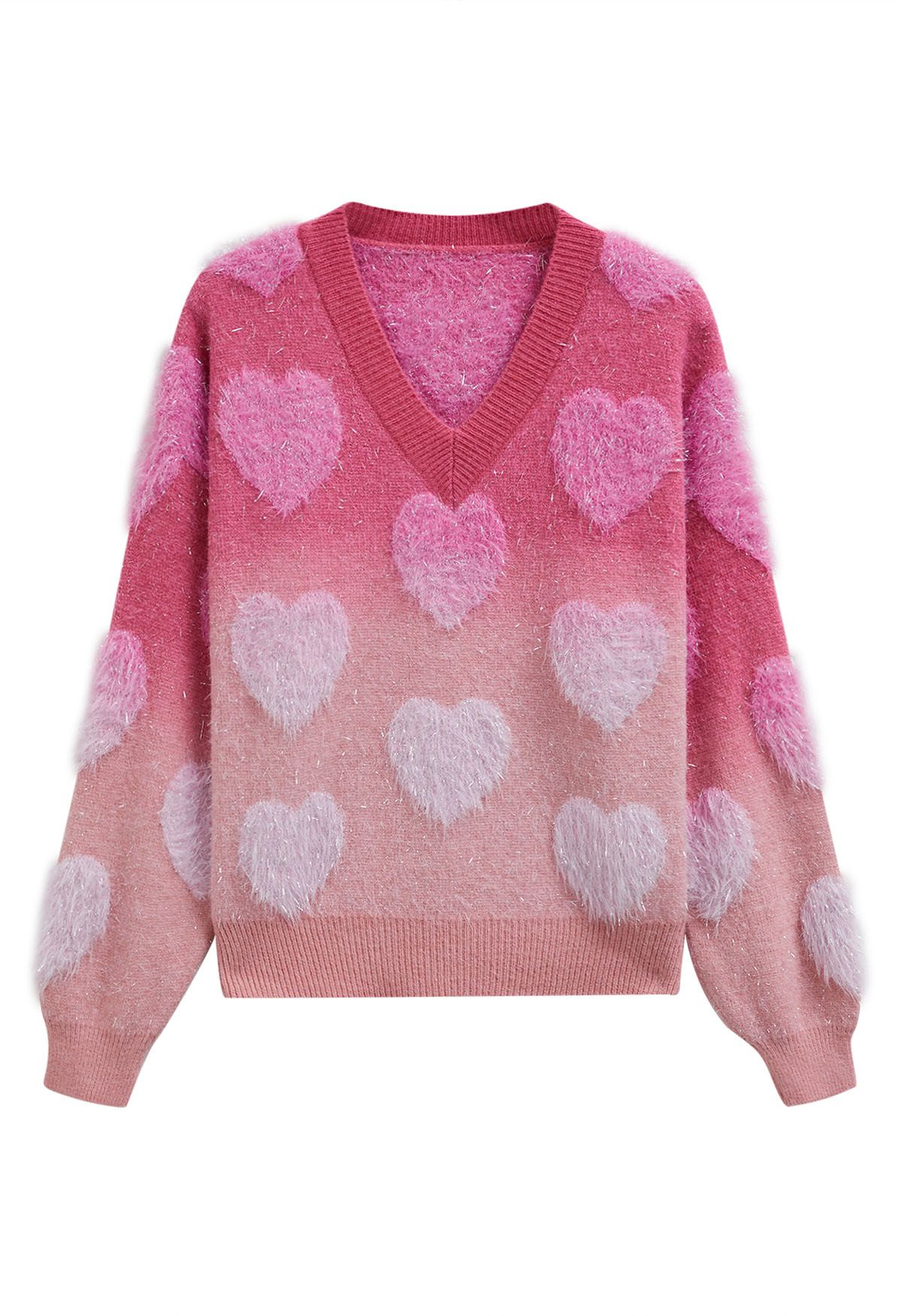 Ombre Fuzzy Heart Fringe Knit Sweater in Pink