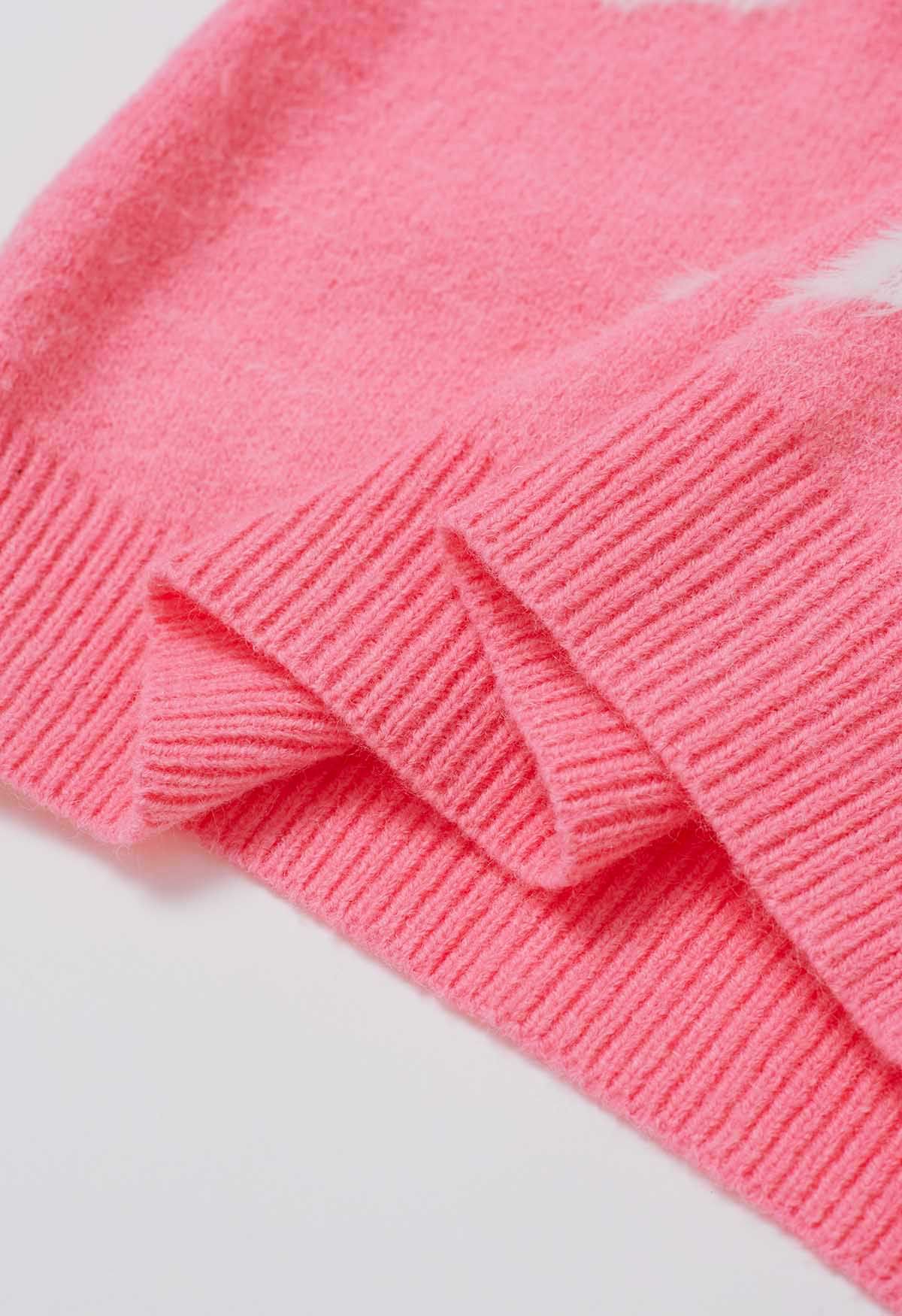 Contrast Fuzzy Heart Crew Neck Knit Sweater in Candy Pink