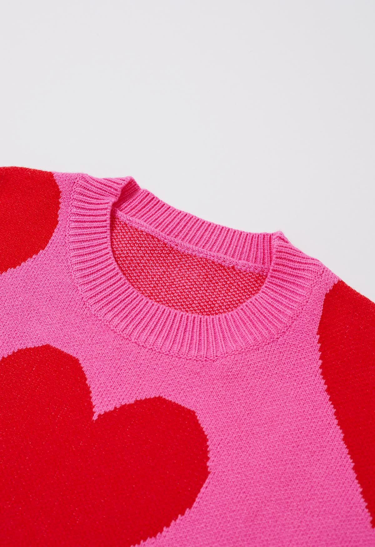 Soulful Heart Crew Neck Knit Sweater in Hot Pink