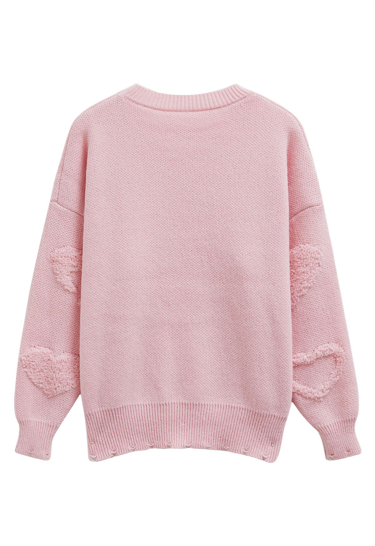 Pearl Trim Heart Jacquard Oversized Knit Sweater in Pink