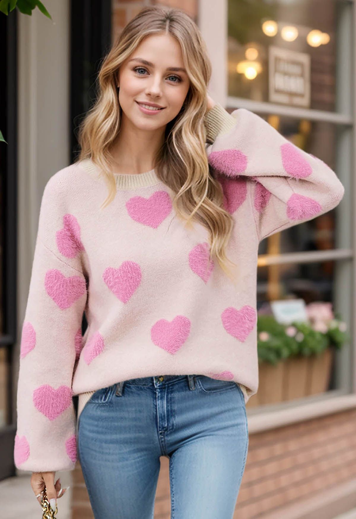 Contrast Fuzzy Heart Crew Neck Knit Sweater in Light Pink