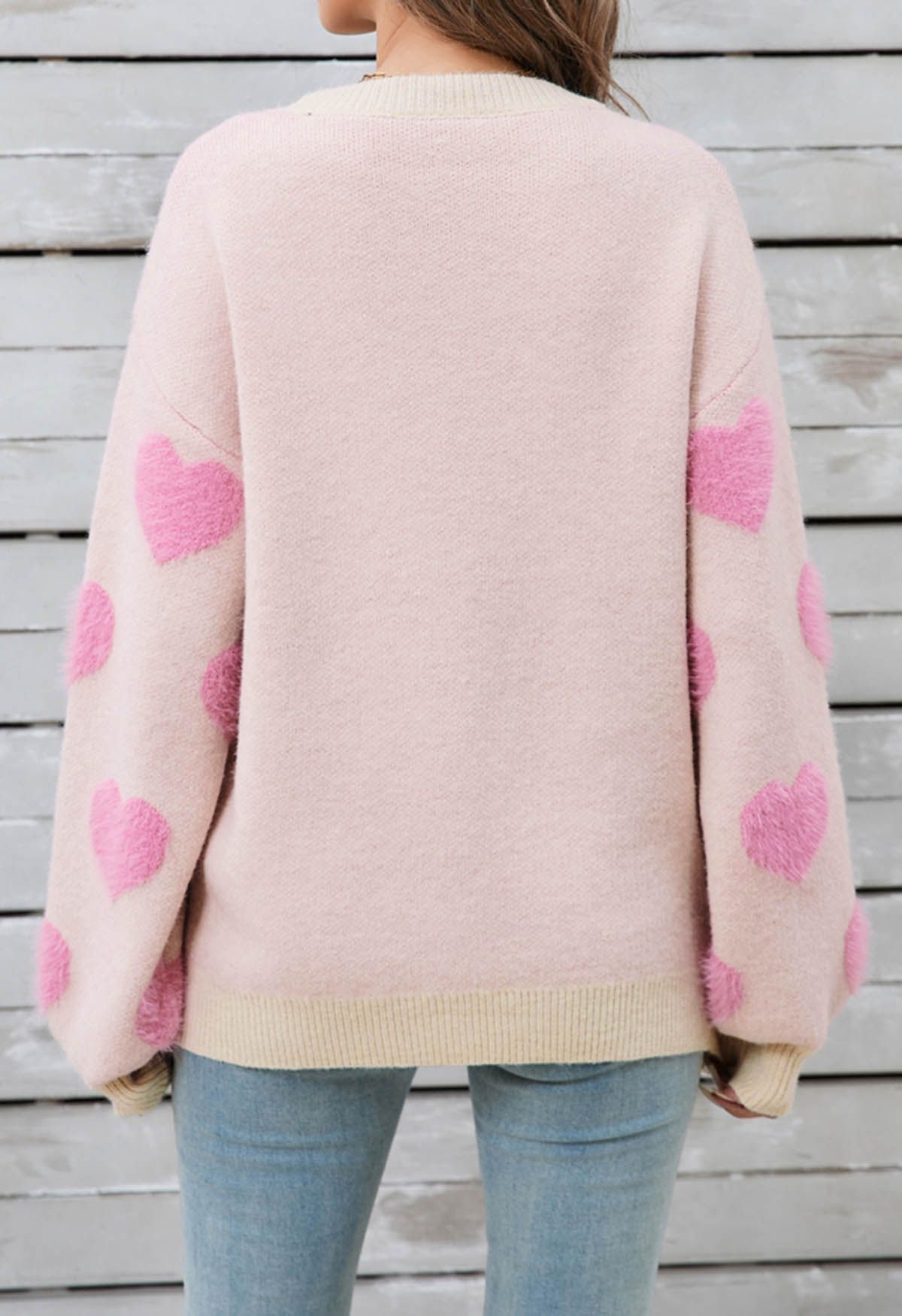 Contrast Fuzzy Heart Crew Neck Knit Sweater in Light Pink