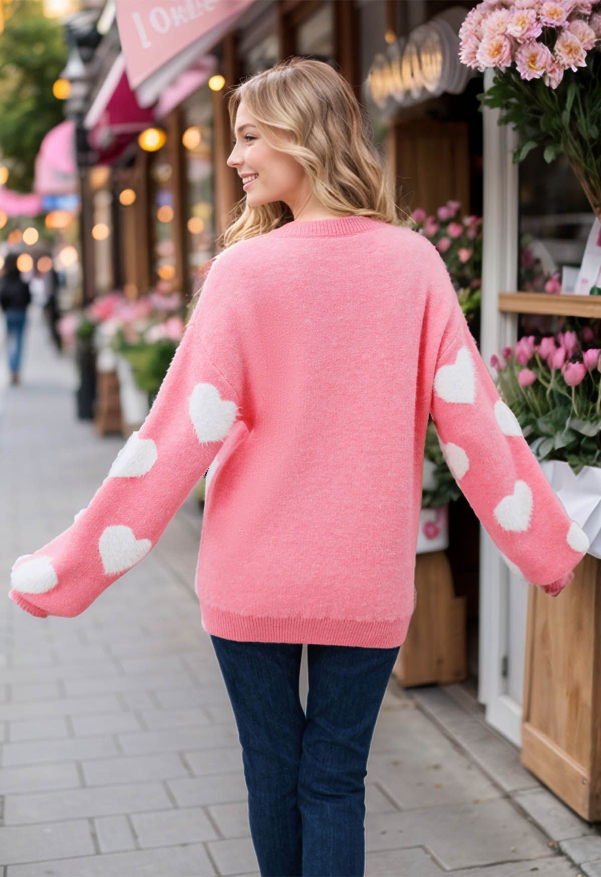 Contrast Fuzzy Heart Crew Neck Knit Sweater in Candy Pink