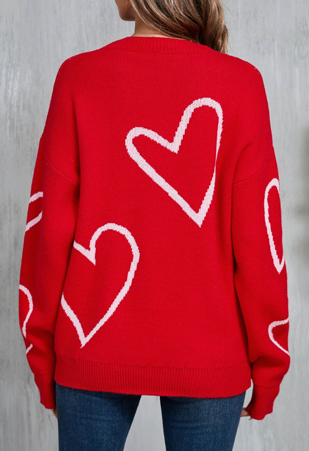 Heart Doodles Crew Neck Knit Sweater in Red